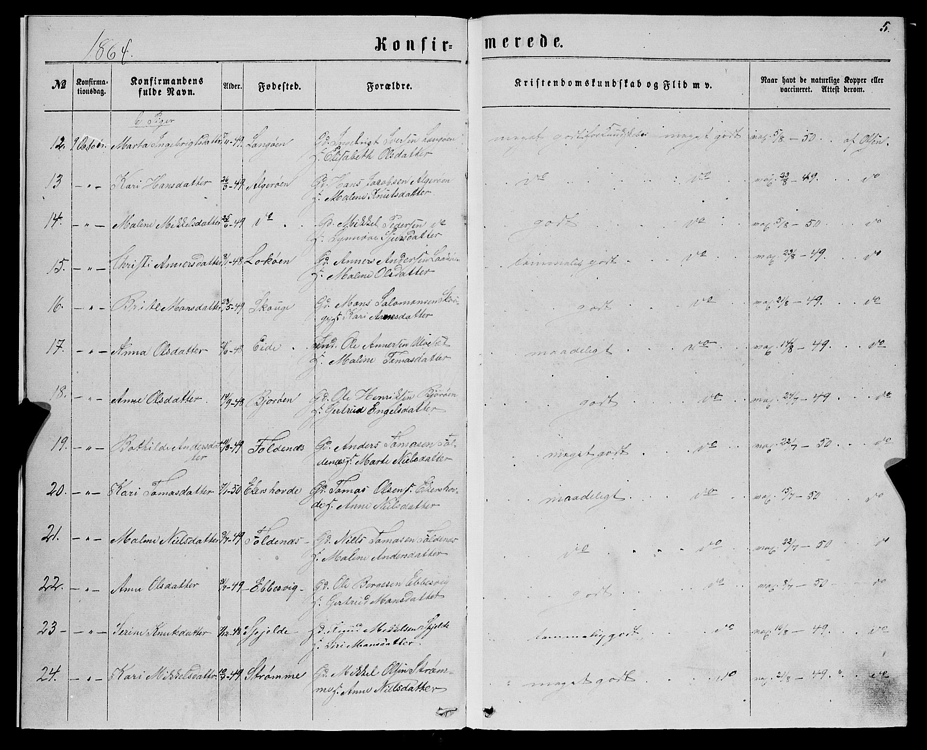 Fjell sokneprestembete, SAB/A-75301/H/Haa: Parish register (official) no. A 5, 1864-1877, p. 5