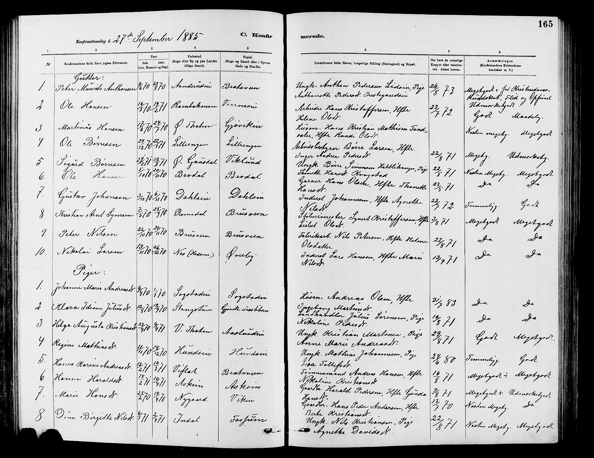 Vardal prestekontor, SAH/PREST-100/H/Ha/Hab/L0007: Parish register (copy) no. 7 /1, 1881-1895, p. 165
