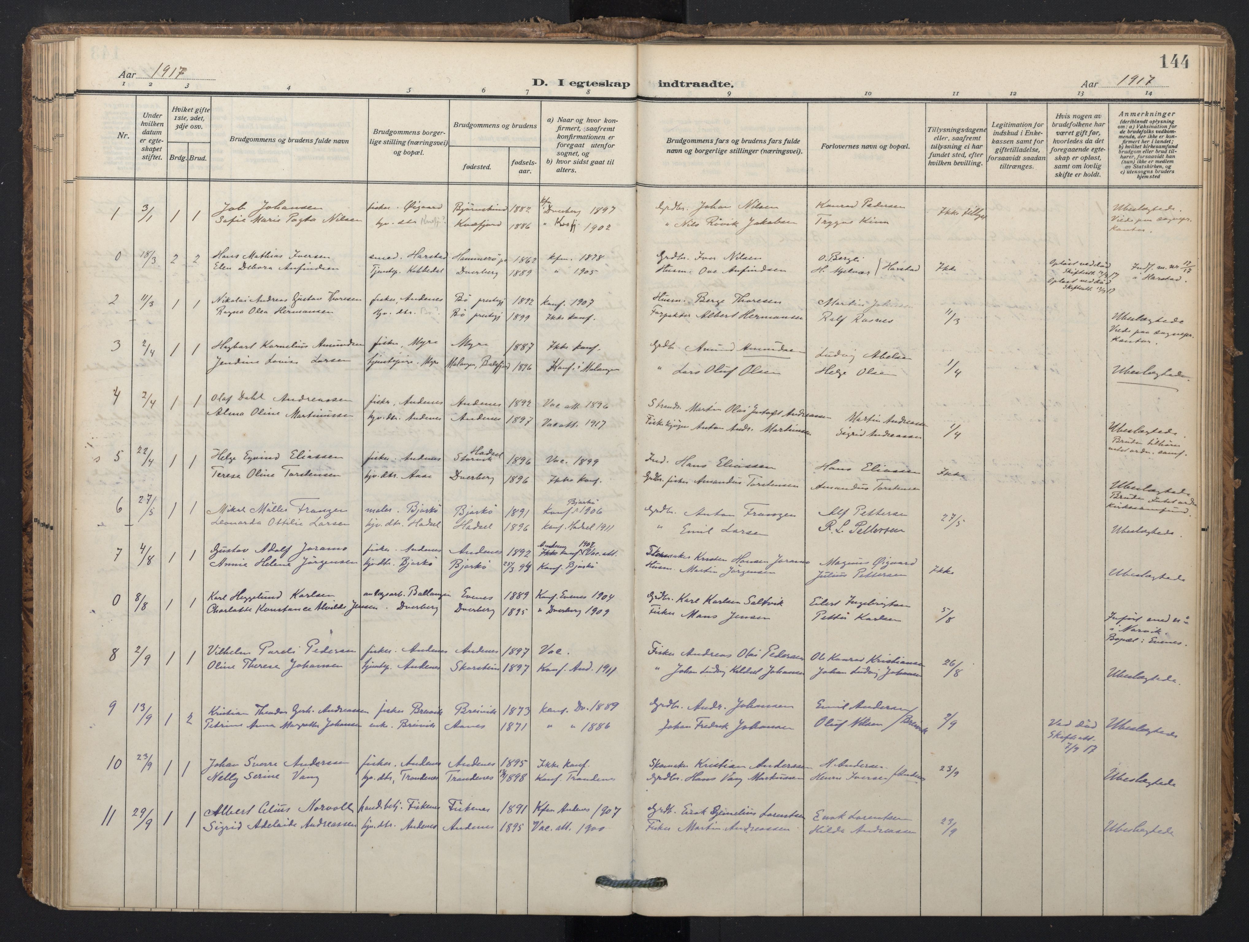 Ministerialprotokoller, klokkerbøker og fødselsregistre - Nordland, AV/SAT-A-1459/897/L1401: Parish register (official) no. 897A08, 1909-1921, p. 144