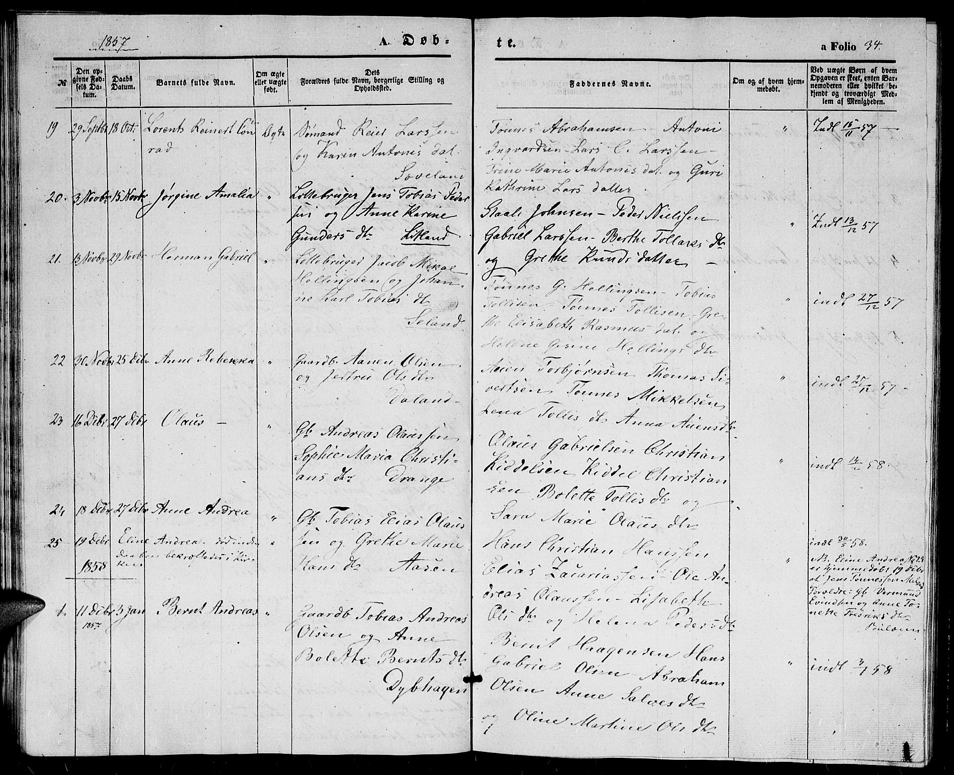 Herad sokneprestkontor, SAK/1111-0018/F/Fb/Fba/L0002: Parish register (copy) no. B 2, 1852-1862, p. 34