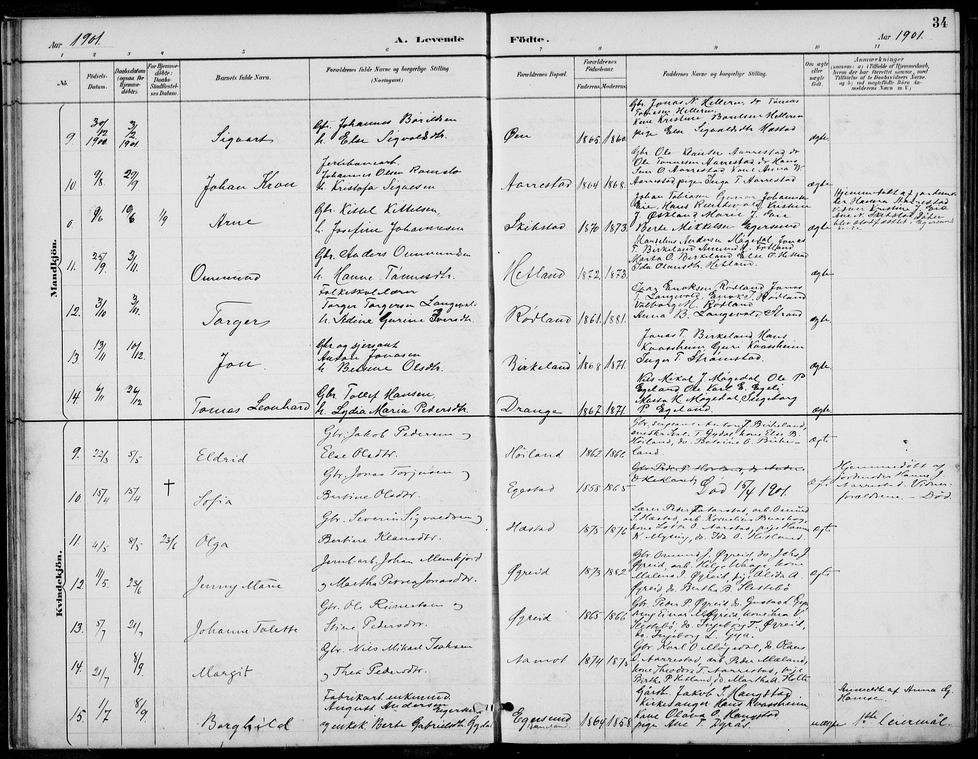 Helleland sokneprestkontor, AV/SAST-A-101810: Parish register (copy) no. B 4, 1887-1941, p. 34