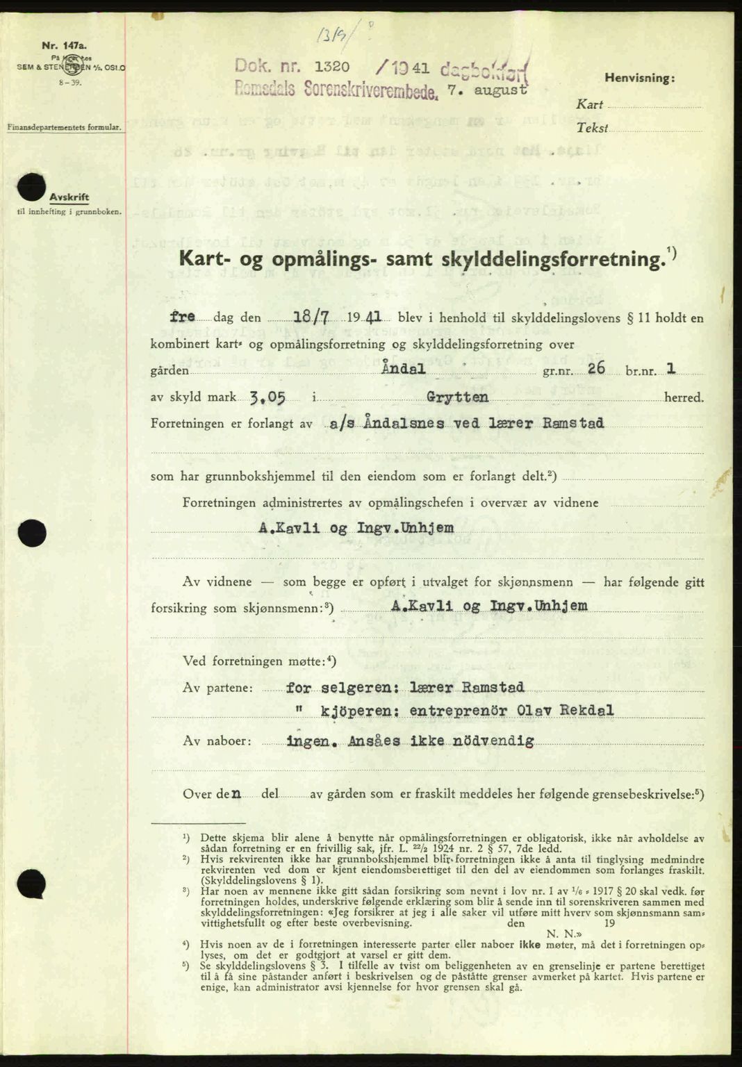 Romsdal sorenskriveri, AV/SAT-A-4149/1/2/2C: Mortgage book no. A10, 1941-1941, Diary no: : 1320/1941