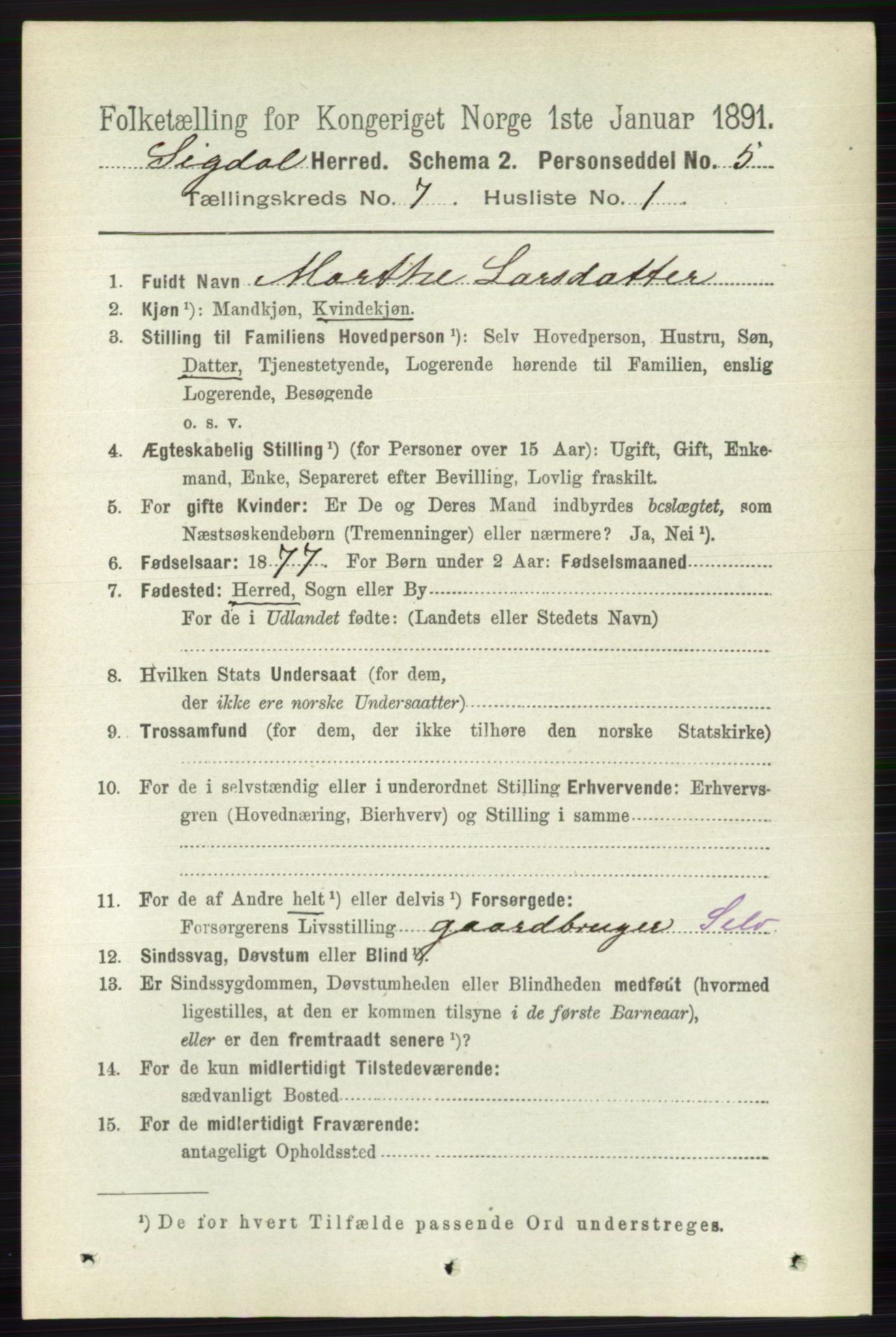 RA, 1891 census for 0621 Sigdal, 1891, p. 2721