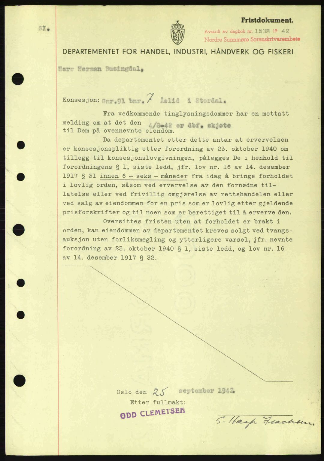 Nordre Sunnmøre sorenskriveri, SAT/A-0006/1/2/2C/2Ca: Mortgage book no. B1-6, 1938-1942, Diary no: : 1538/1942
