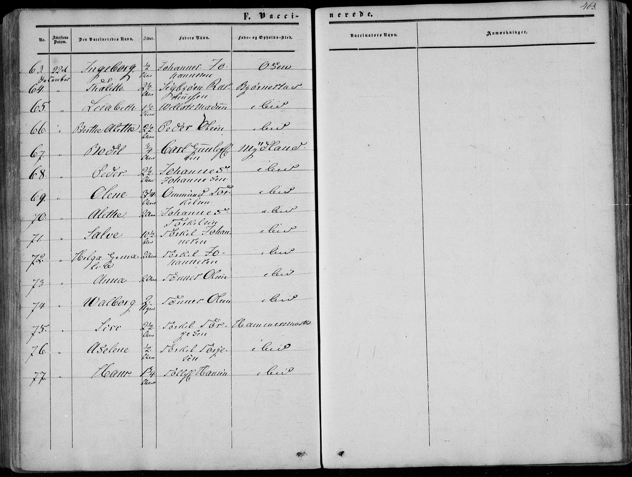 Sirdal sokneprestkontor, SAK/1111-0036/F/Fa/Fab/L0002: Parish register (official) no. A 2, 1855-1874, p. 463