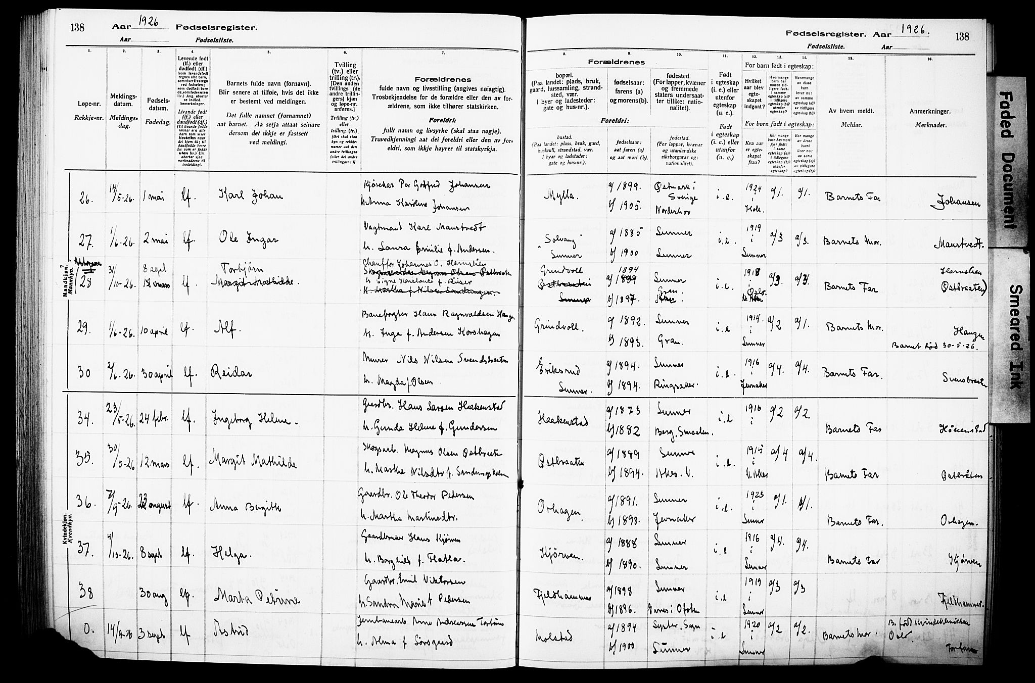 Lunner prestekontor, AV/SAH-PREST-118/I/Id/L0001: Birth register no. 1, 1916-1932, p. 138