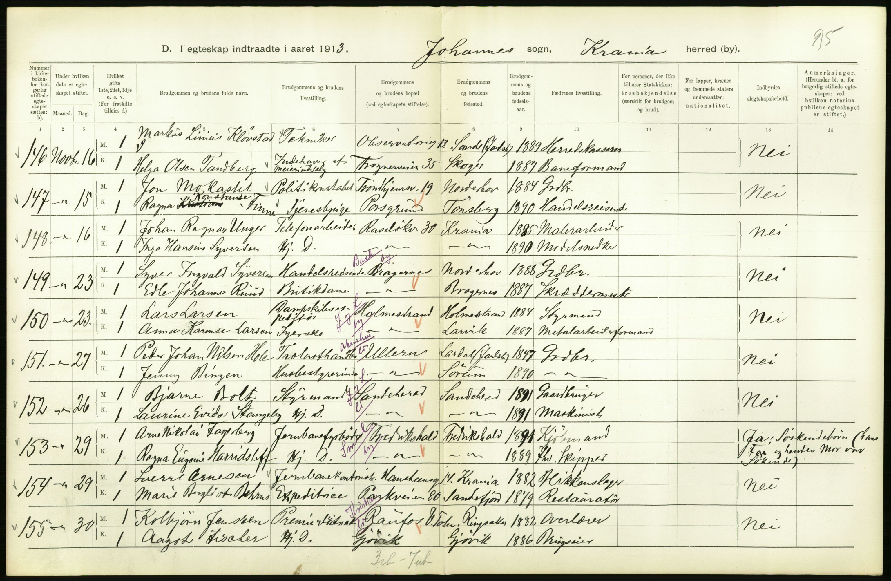 Statistisk sentralbyrå, Sosiodemografiske emner, Befolkning, AV/RA-S-2228/D/Df/Dfb/Dfbc/L0008: Kristiania: Gifte., 1913, p. 720