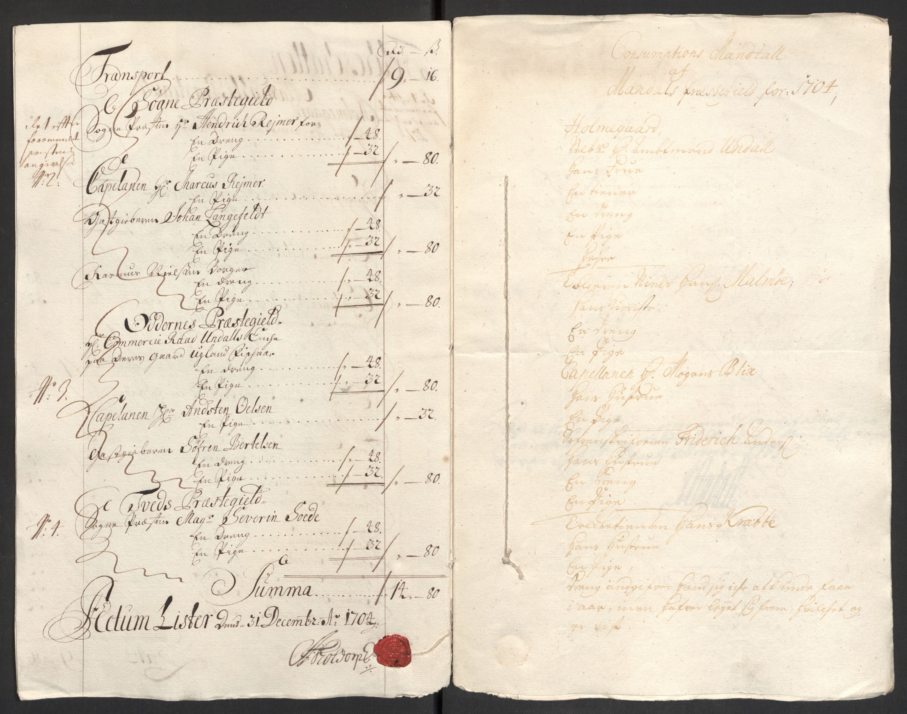 Rentekammeret inntil 1814, Reviderte regnskaper, Fogderegnskap, AV/RA-EA-4092/R43/L2550: Fogderegnskap Lista og Mandal, 1703-1704, p. 315