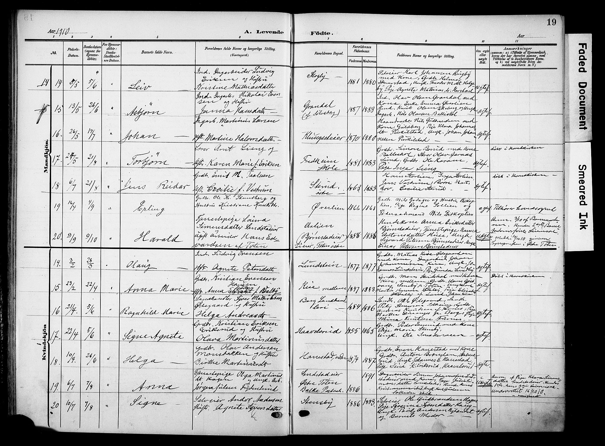 Nes prestekontor, Hedmark, SAH/PREST-020/K/Ka/L0013: Parish register (official) no. 13, 1906-1924, p. 19