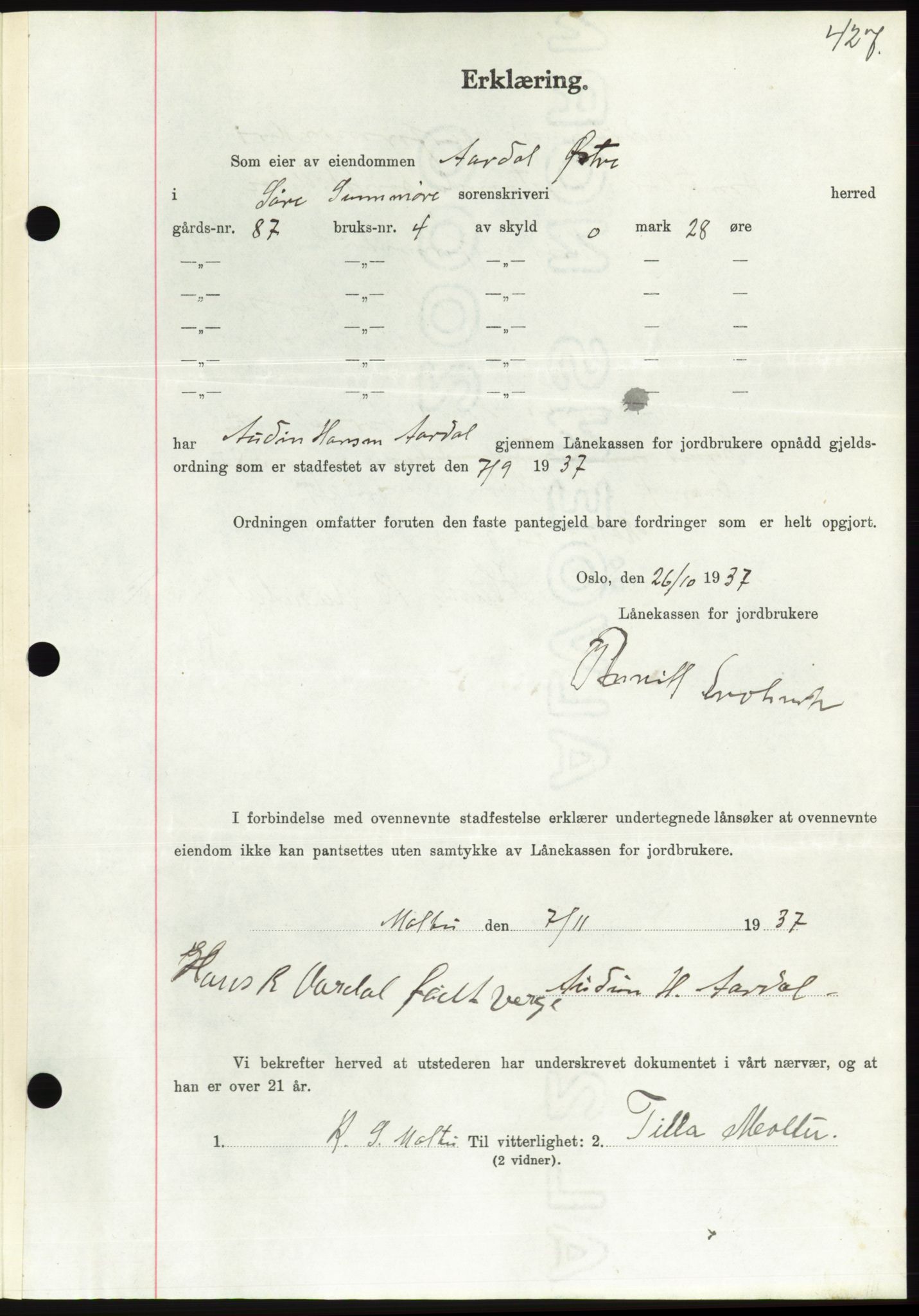 Søre Sunnmøre sorenskriveri, AV/SAT-A-4122/1/2/2C/L0064: Mortgage book no. 58, 1937-1938, Diary no: : 3/1938