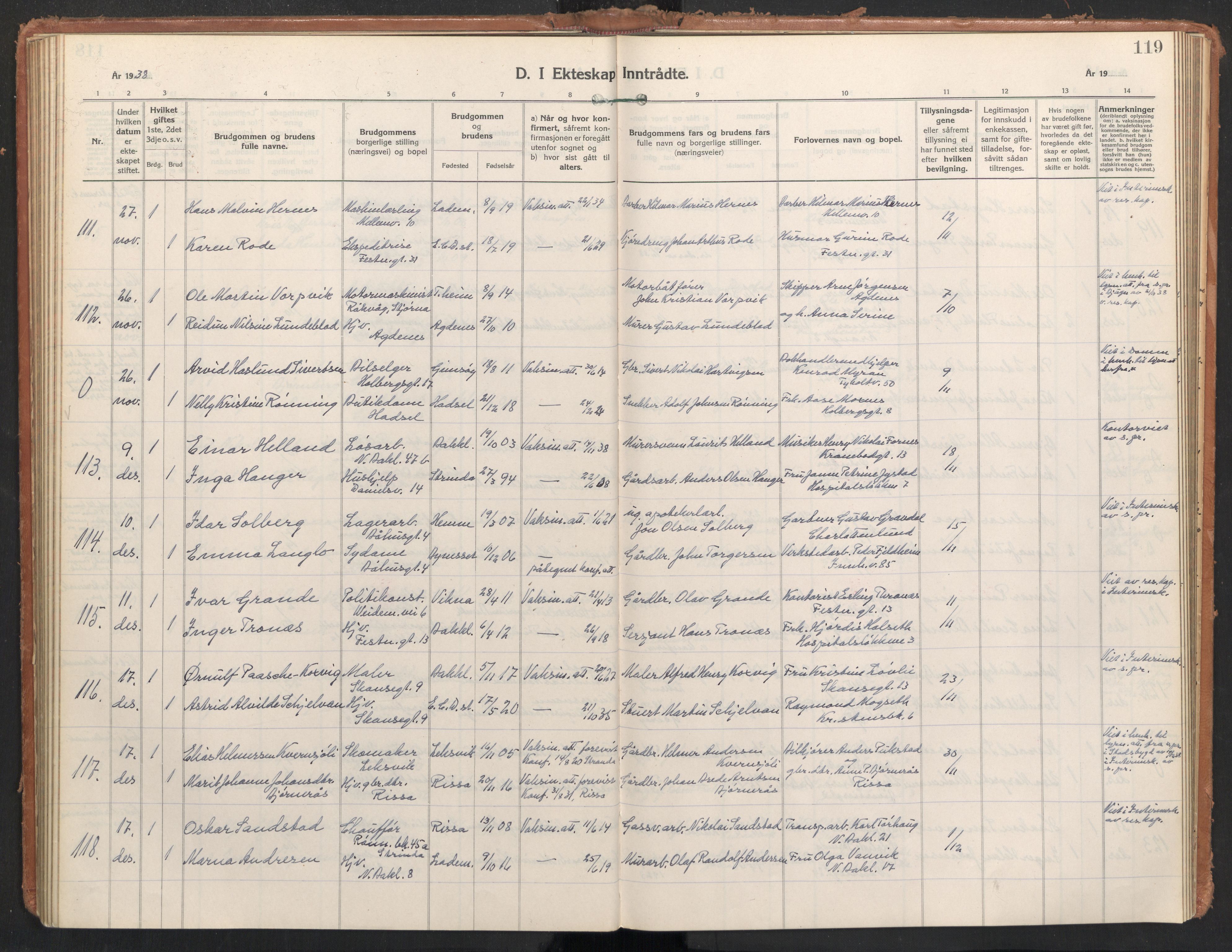 Ministerialprotokoller, klokkerbøker og fødselsregistre - Sør-Trøndelag, AV/SAT-A-1456/604/L0209: Parish register (official) no. 604A29, 1931-1945, p. 119