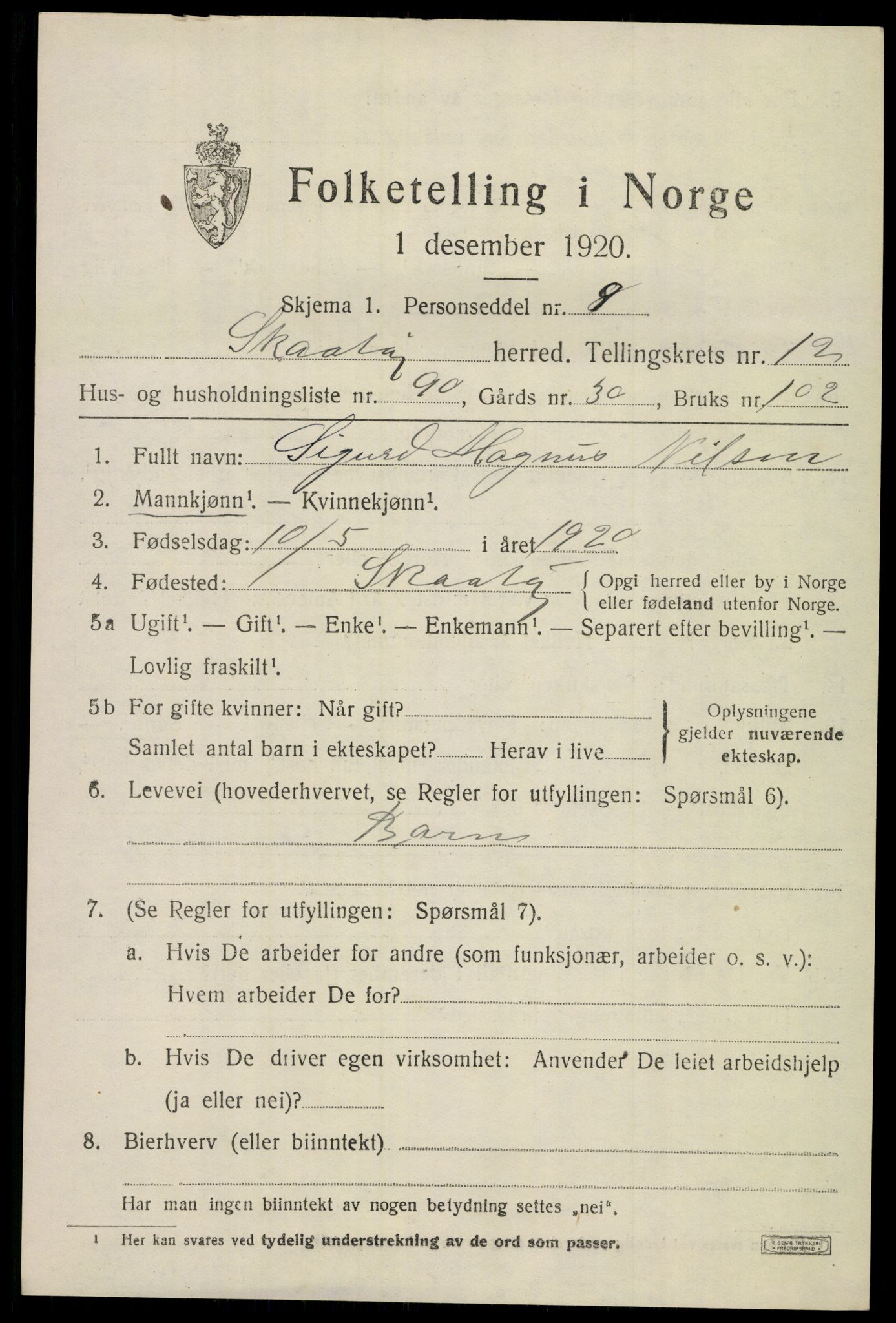 SAKO, 1920 census for Skåtøy, 1920, p. 9040