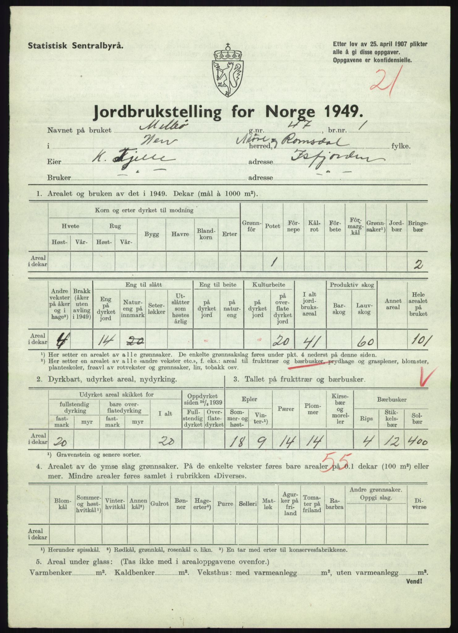 Statistisk sentralbyrå, Næringsøkonomiske emner, Jordbruk, skogbruk, jakt, fiske og fangst, AV/RA-S-2234/G/Gc/L0323: Møre og Romsdal: Grytten og Hen, 1949, p. 711