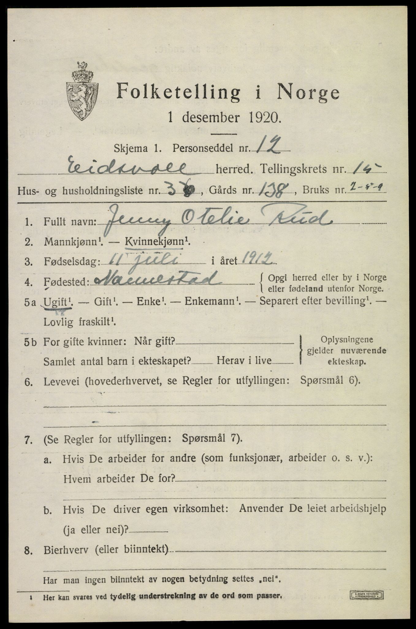 SAO, 1920 census for Eidsvoll, 1920, p. 22657