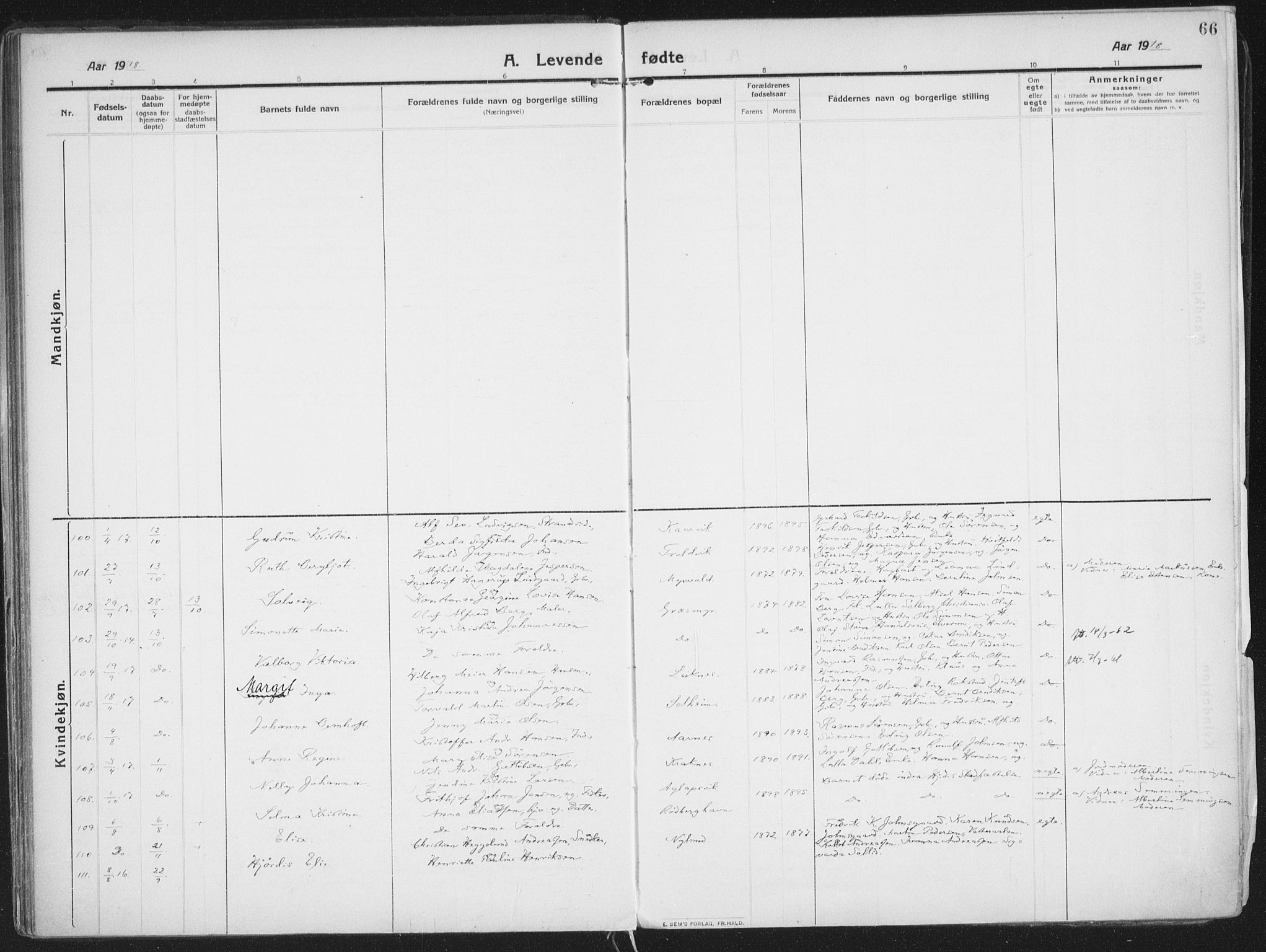 Lenvik sokneprestembete, SATØ/S-1310/H/Ha/Haa/L0016kirke: Parish register (official) no. 16, 1910-1924, p. 66