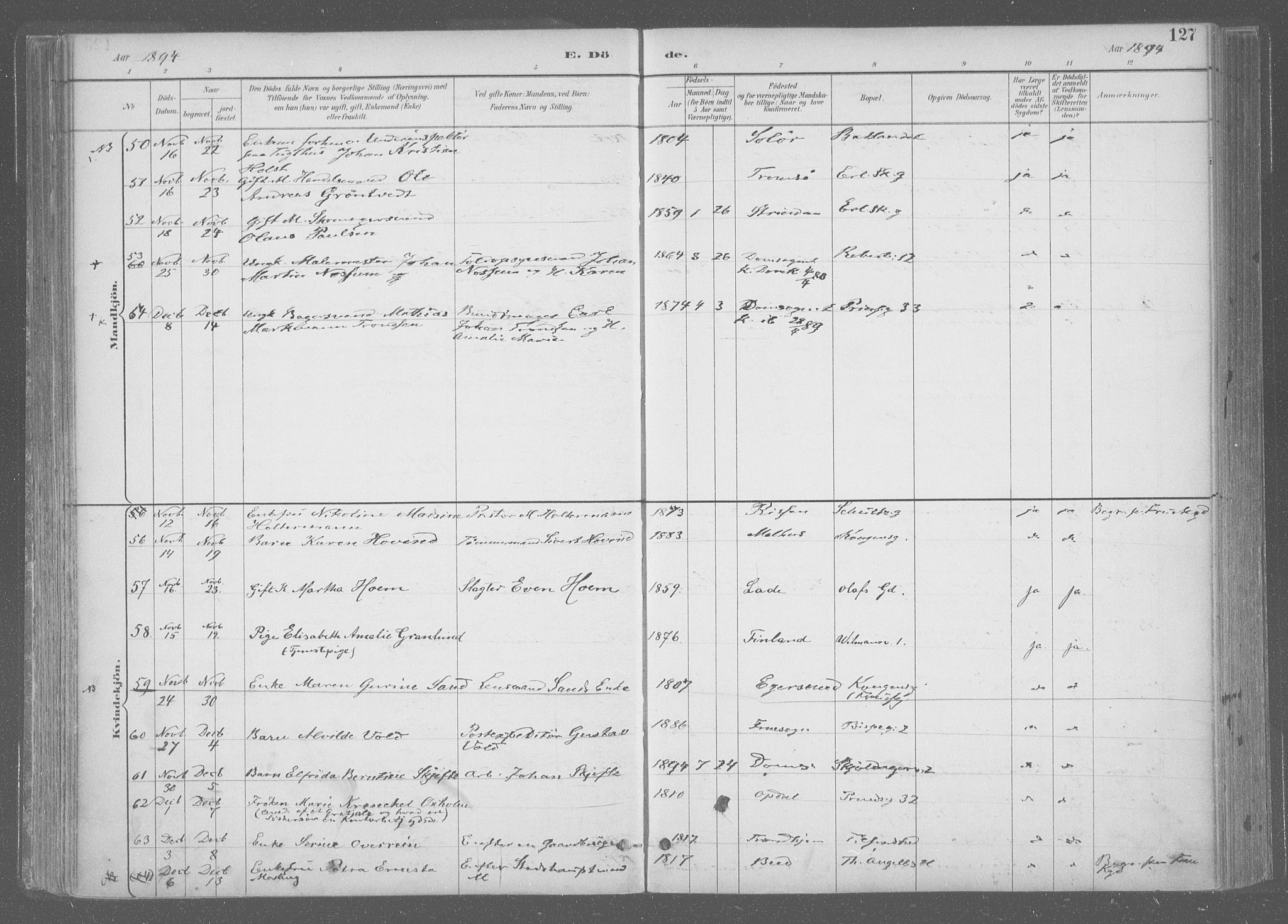 Ministerialprotokoller, klokkerbøker og fødselsregistre - Sør-Trøndelag, SAT/A-1456/601/L0064: Parish register (official) no. 601A31, 1891-1911, p. 127