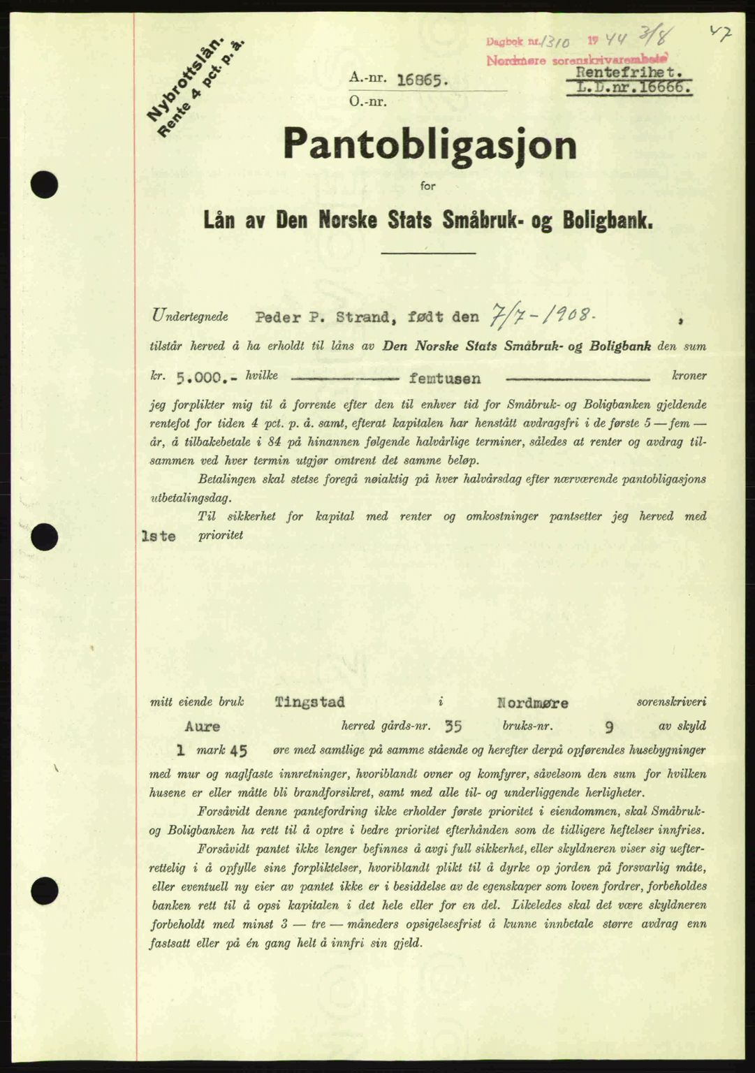 Nordmøre sorenskriveri, AV/SAT-A-4132/1/2/2Ca: Mortgage book no. B92, 1944-1945, Diary no: : 1310/1944