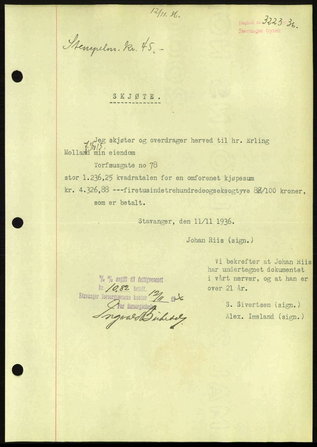 Stavanger byrett, SAST/A-100455/002/G/Gb/L0012: Mortgage book no. A2, 1936-1937, Diary no: : 3223/1936