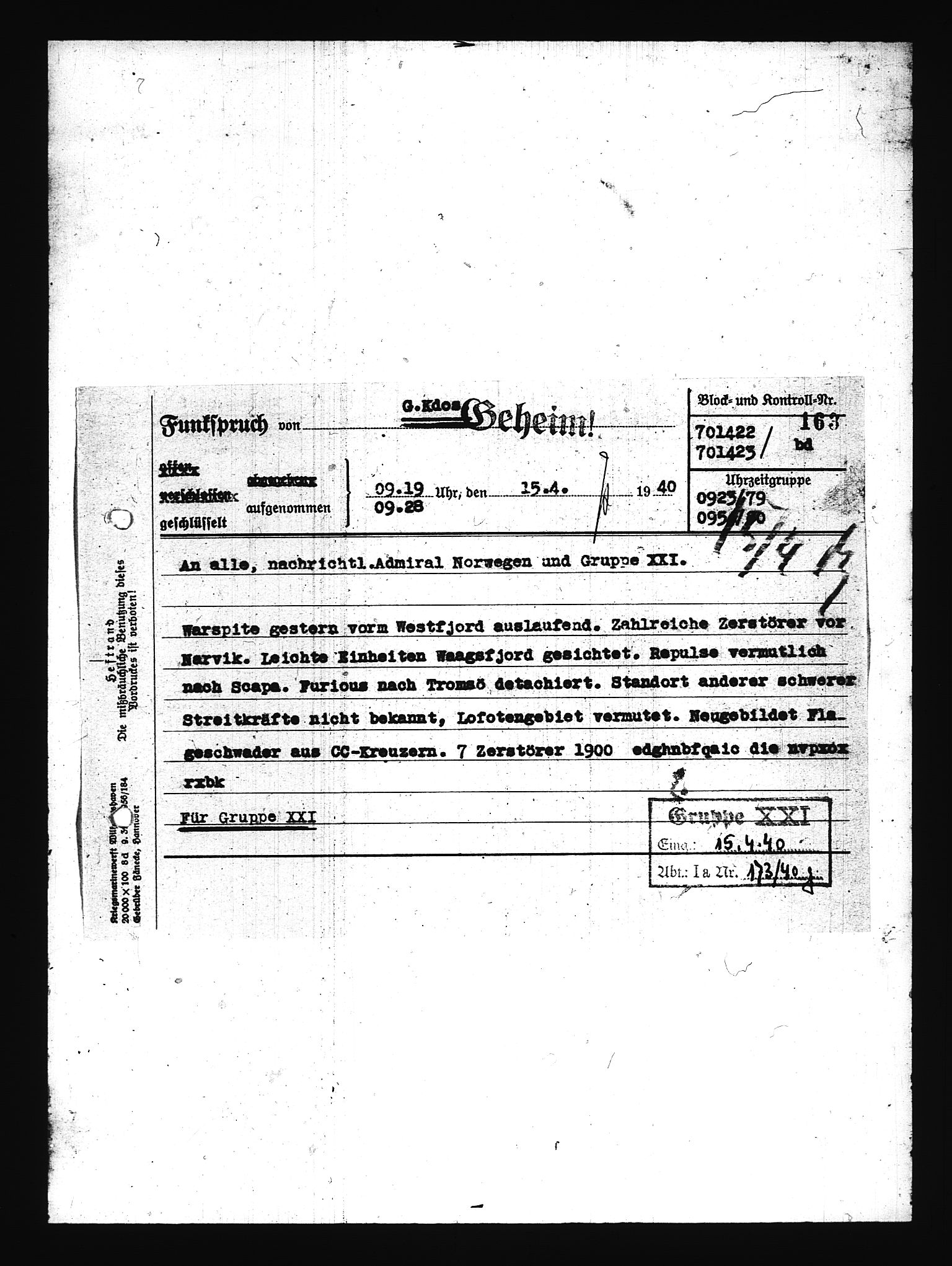 Documents Section, AV/RA-RAFA-2200/V/L0076: Amerikansk mikrofilm "Captured German Documents".
Box No. 715.  FKA jnr. 619/1954., 1940, p. 2