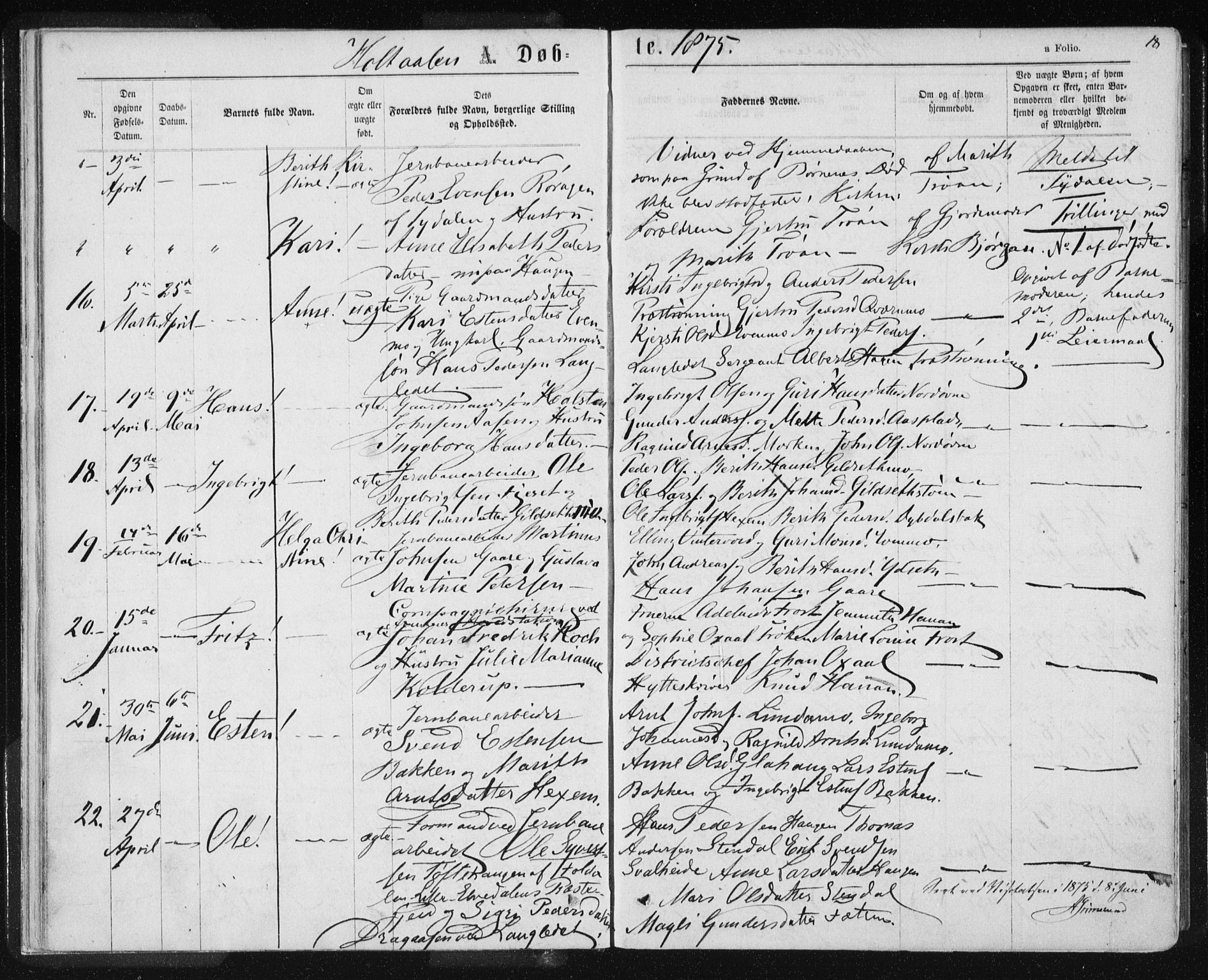 Ministerialprotokoller, klokkerbøker og fødselsregistre - Sør-Trøndelag, SAT/A-1456/685/L0969: Parish register (official) no. 685A08 /1, 1870-1878, p. 18