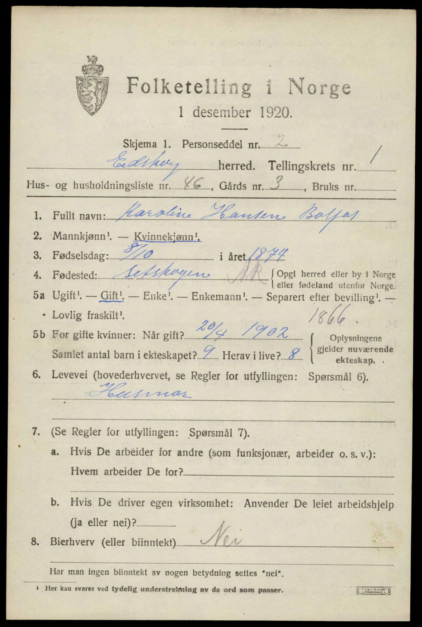 SAH, 1920 census for Eidskog, 1920, p. 2949