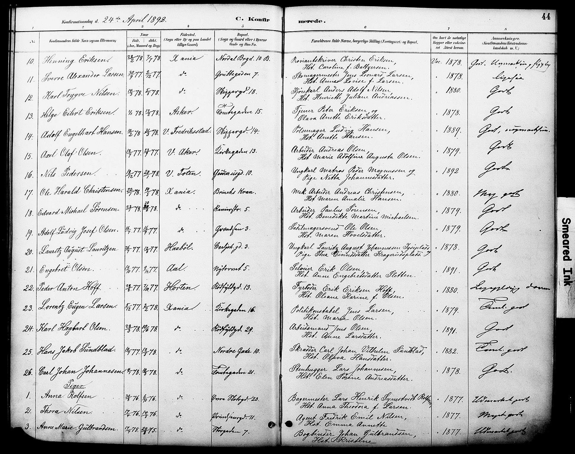 Oslo domkirke Kirkebøker, AV/SAO-A-10752/F/Fa/L0030: Parish register (official) no. 30, 1887-1918, p. 44