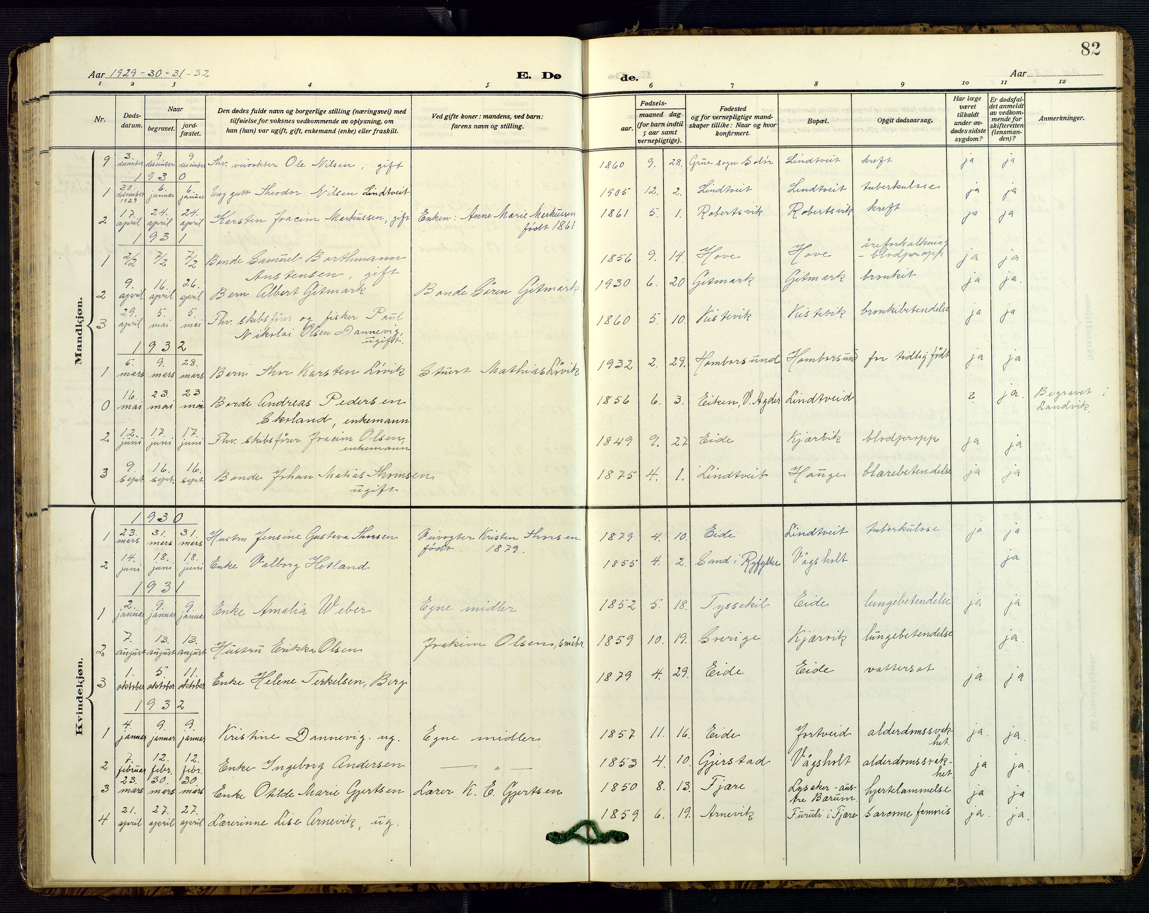 Hommedal sokneprestkontor, SAK/1111-0023/F/Fb/Fba/L0005: Parish register (copy) no. B 5, 1909-1957, p. 82