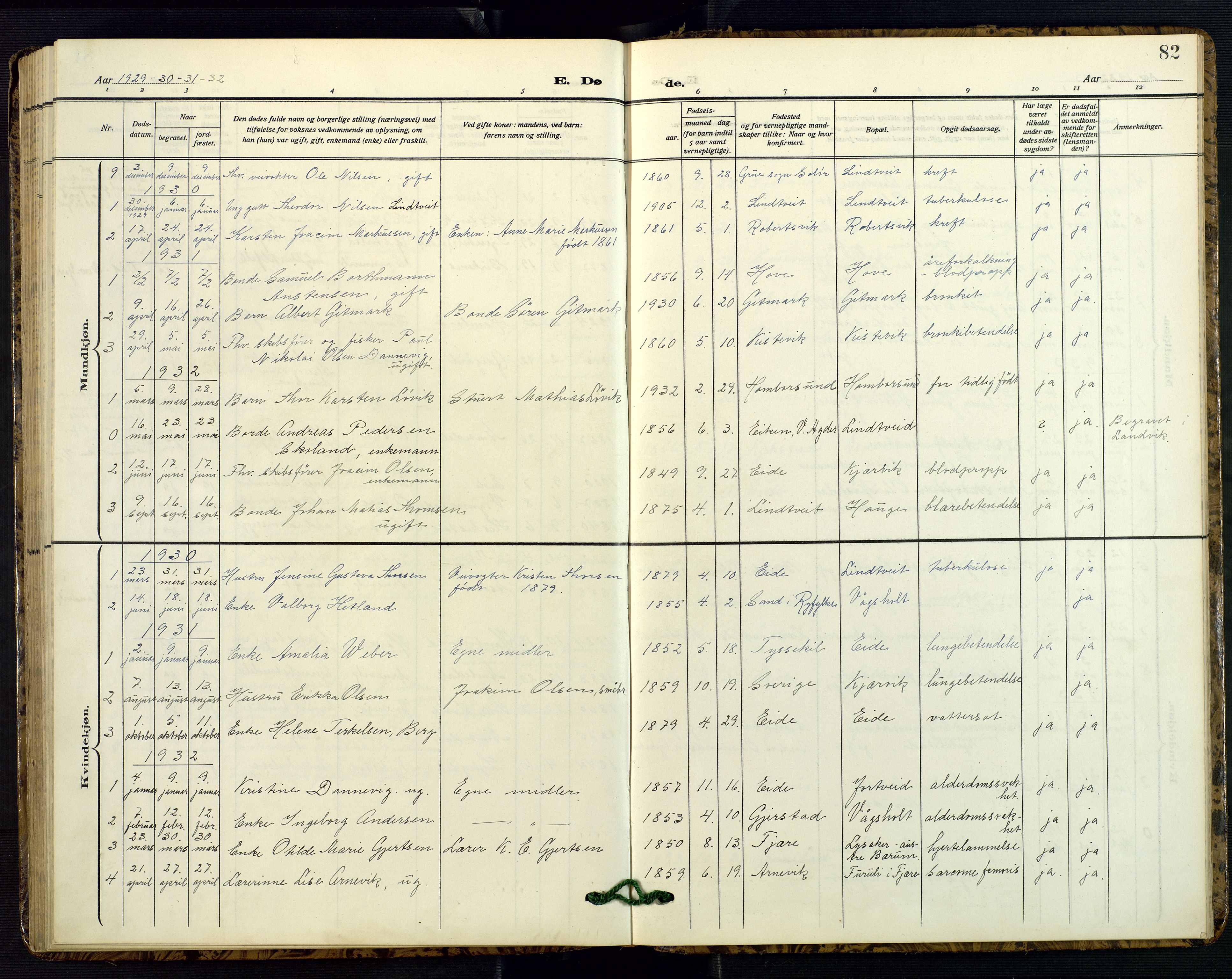 Hommedal sokneprestkontor, AV/SAK-1111-0023/F/Fb/Fba/L0005: Parish register (copy) no. B 5, 1909-1957, p. 82