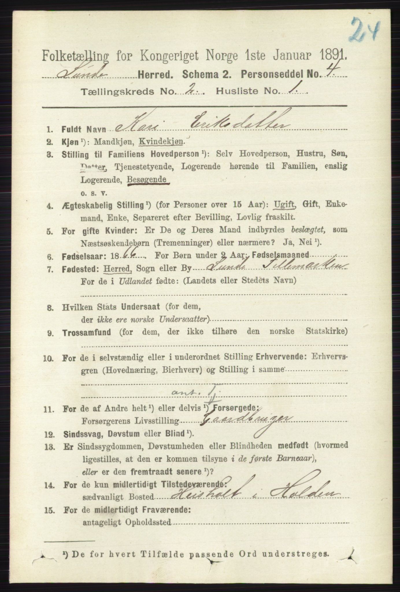 RA, 1891 census for 0820 Lunde, 1891, p. 361