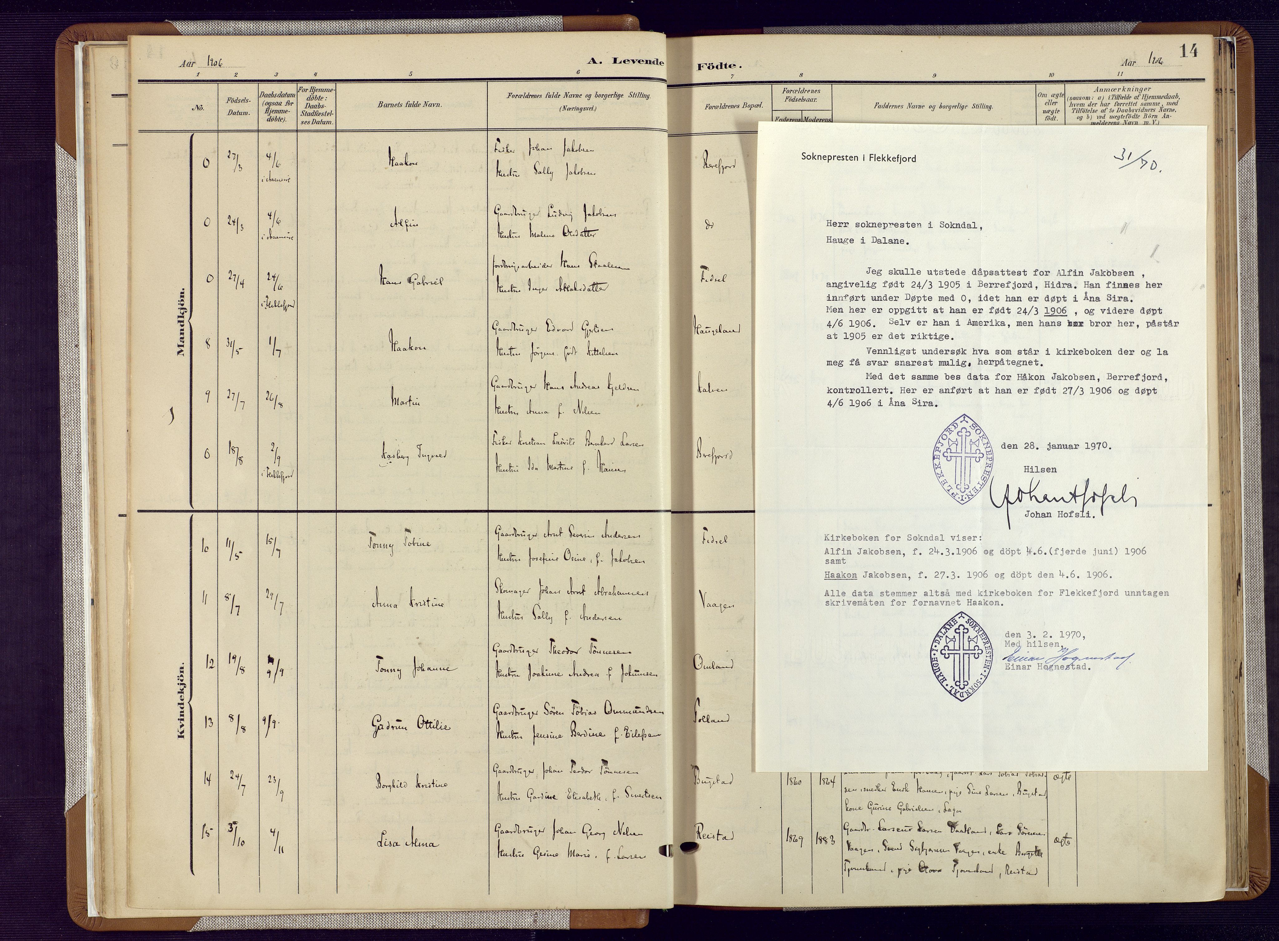 Flekkefjord sokneprestkontor, SAK/1111-0012/F/Fa/Fab/L0007: Parish register (official) no. A 7, 1902-1921, p. 14