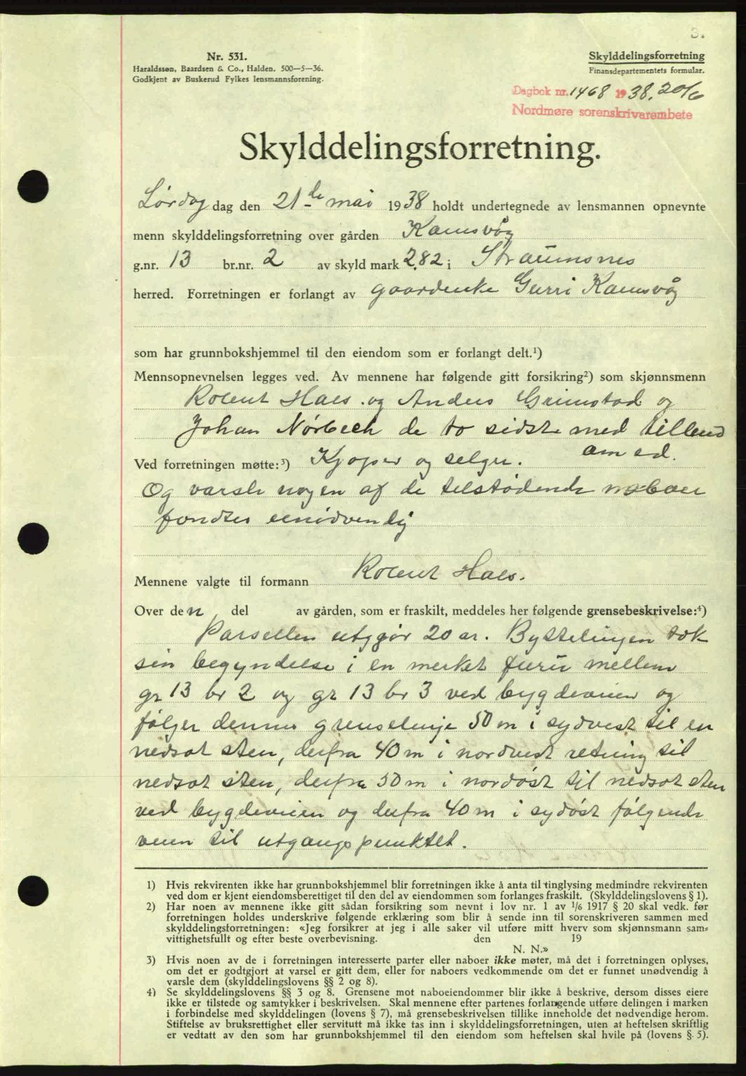 Nordmøre sorenskriveri, SAT/A-4132/1/2/2Ca: Mortgage book no. A84, 1938-1938, Diary no: : 1468/1938