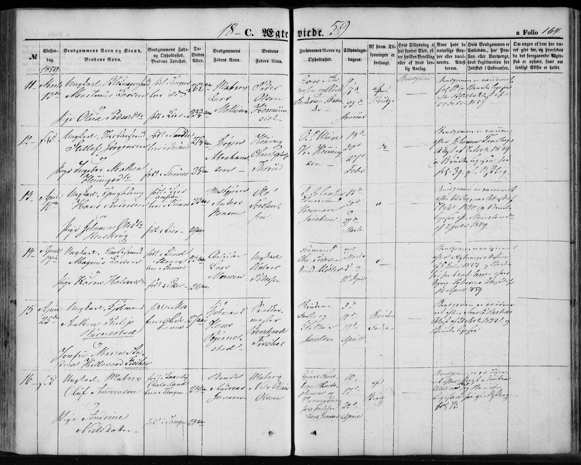 Strømsø kirkebøker, SAKO/A-246/F/Fa/L0017: Parish register (official) no. I 17, 1848-1865, p. 164