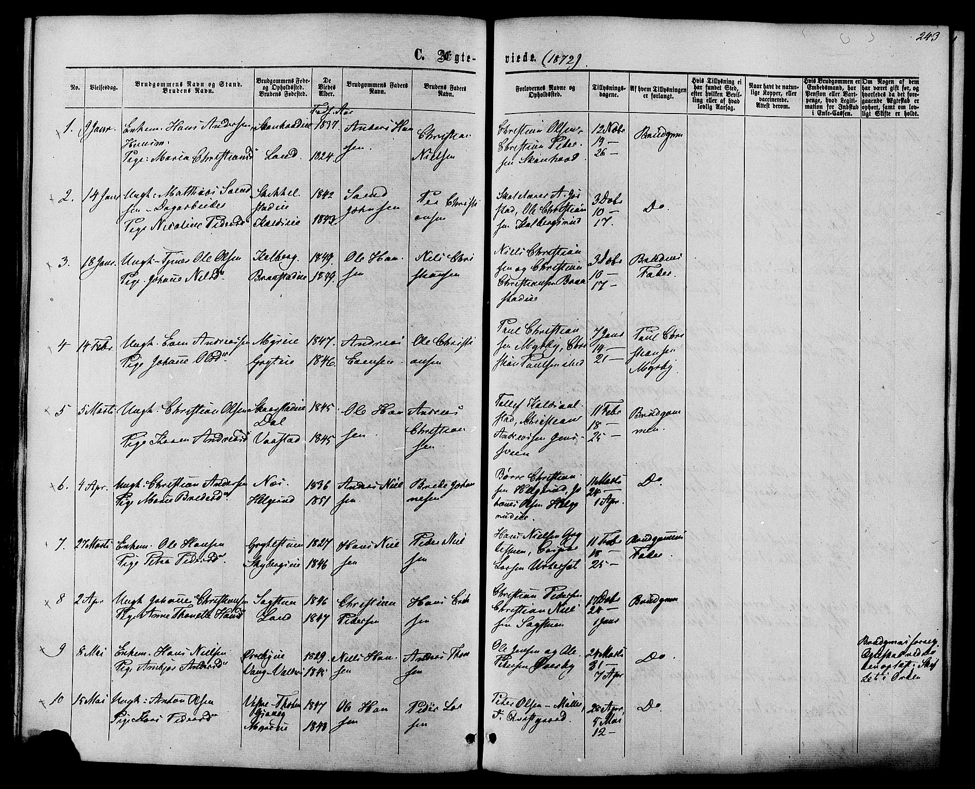 Vardal prestekontor, SAH/PREST-100/H/Ha/Haa/L0007: Parish register (official) no. 7, 1867-1878, p. 243