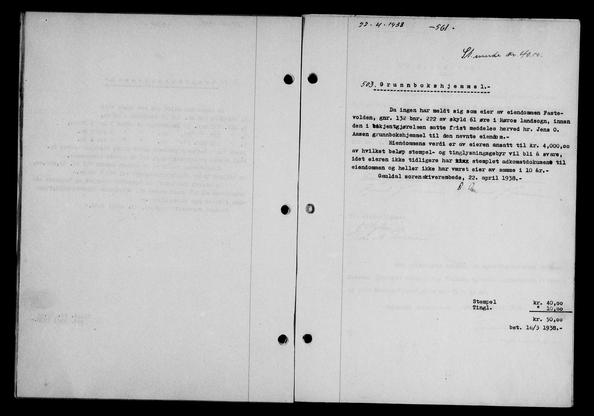 Gauldal sorenskriveri, SAT/A-0014/1/2/2C/L0048: Mortgage book no. 51-52, 1937-1938, p. 561, Diary no: : 503/1938