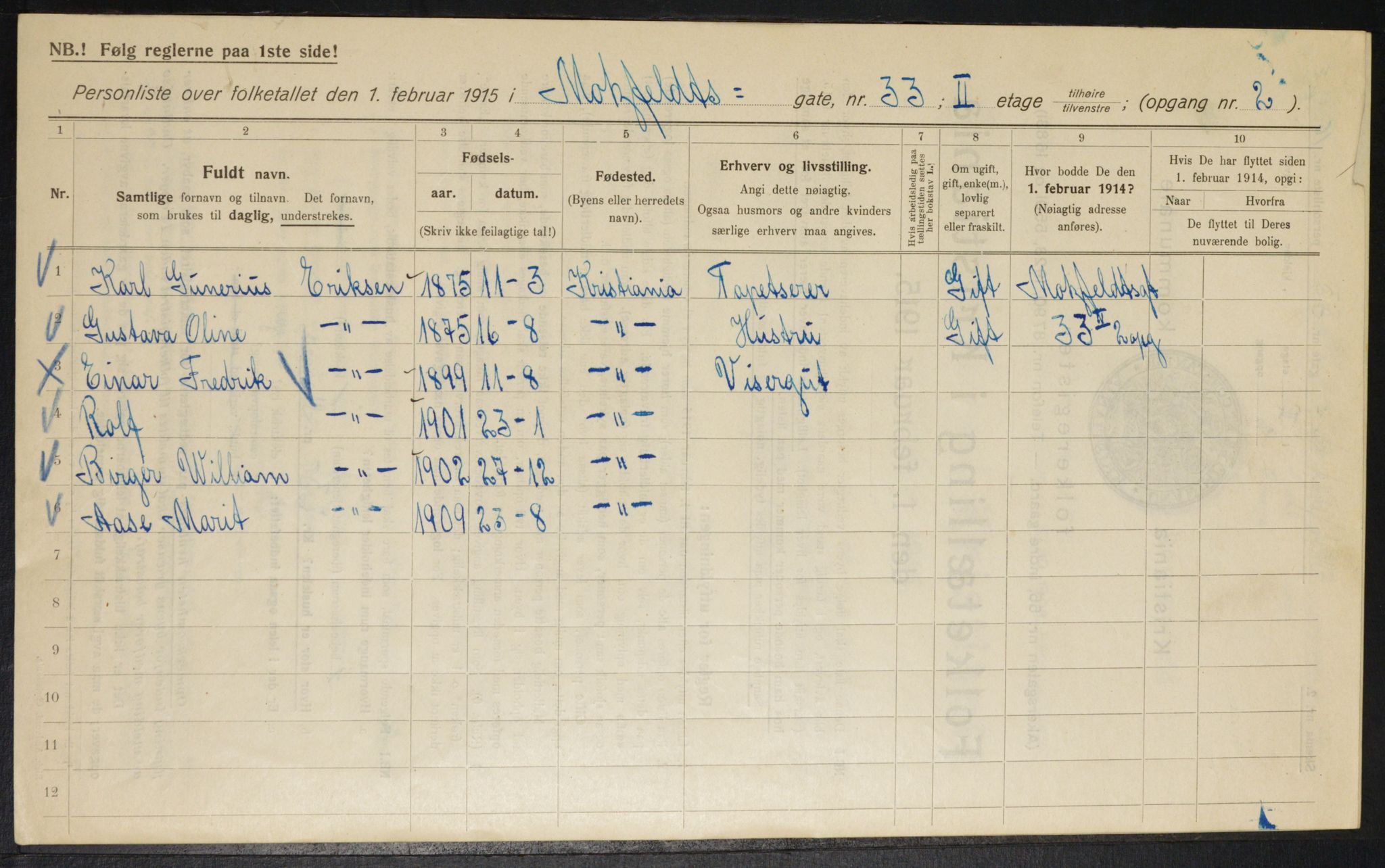 OBA, Municipal Census 1915 for Kristiania, 1915, p. 66062