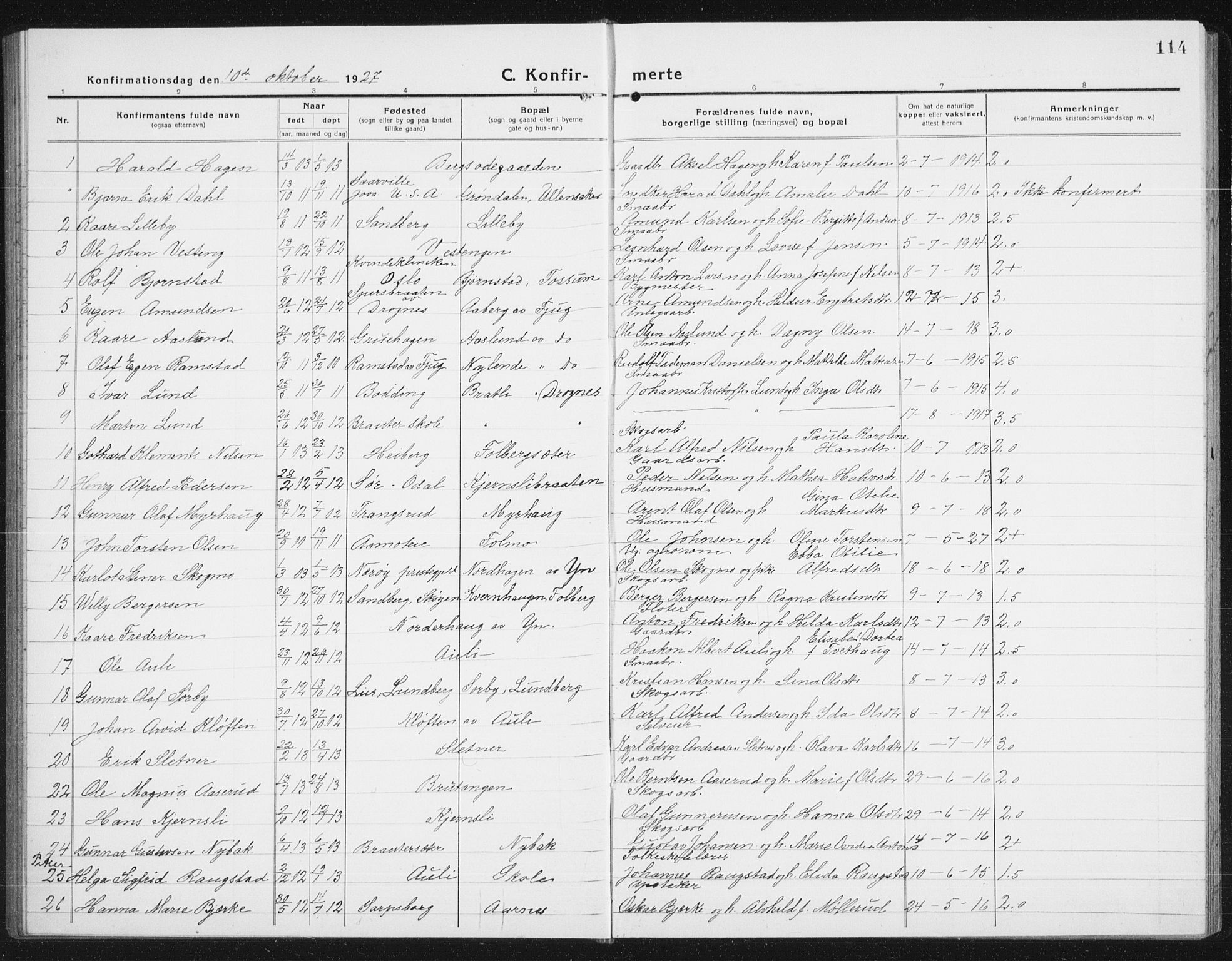 Nes prestekontor Kirkebøker, SAO/A-10410/G/Gc/L0002: Parish register (copy) no. III 2, 1915-1943, p. 114
