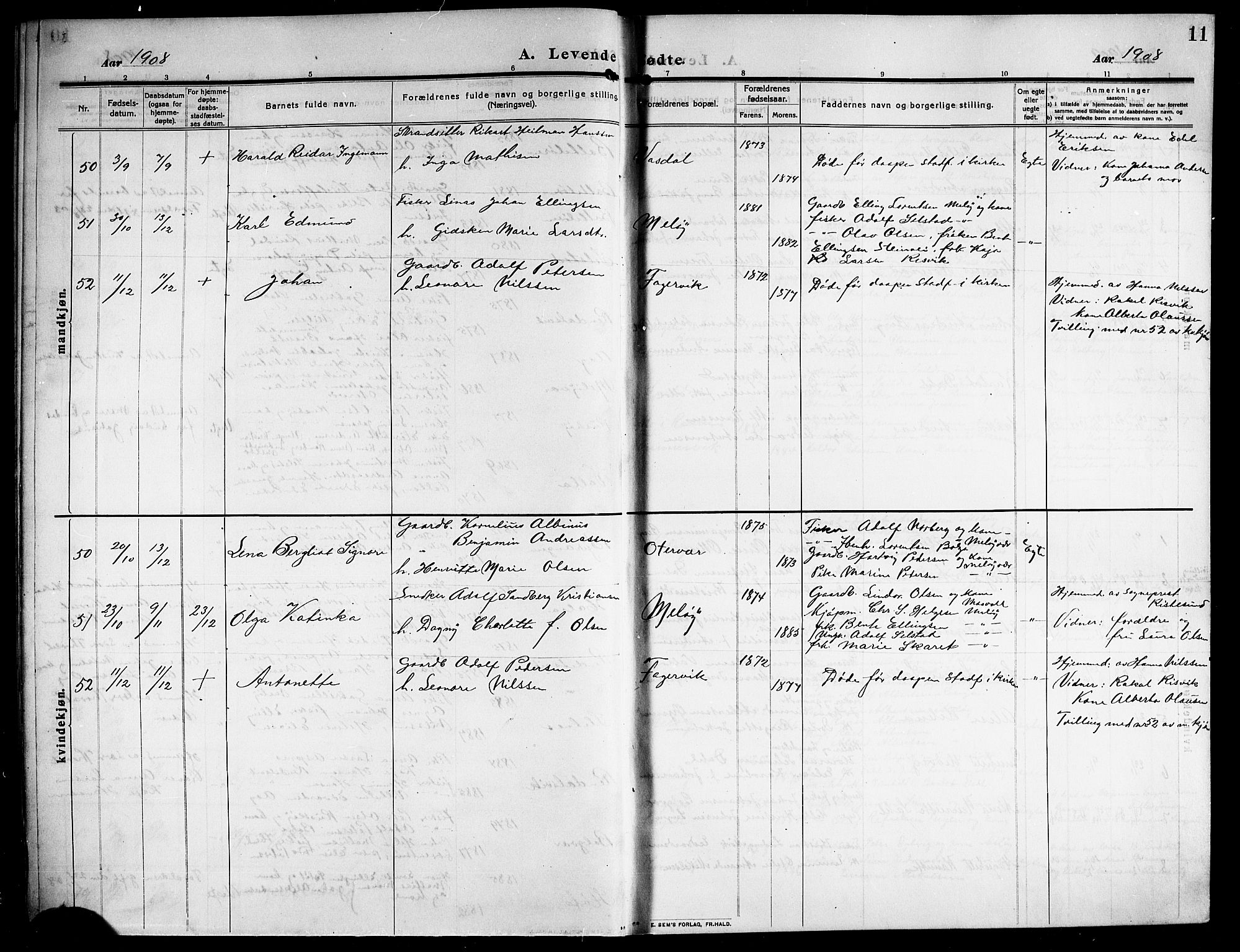 Ministerialprotokoller, klokkerbøker og fødselsregistre - Nordland, AV/SAT-A-1459/843/L0639: Parish register (copy) no. 843C08, 1908-1924, p. 11