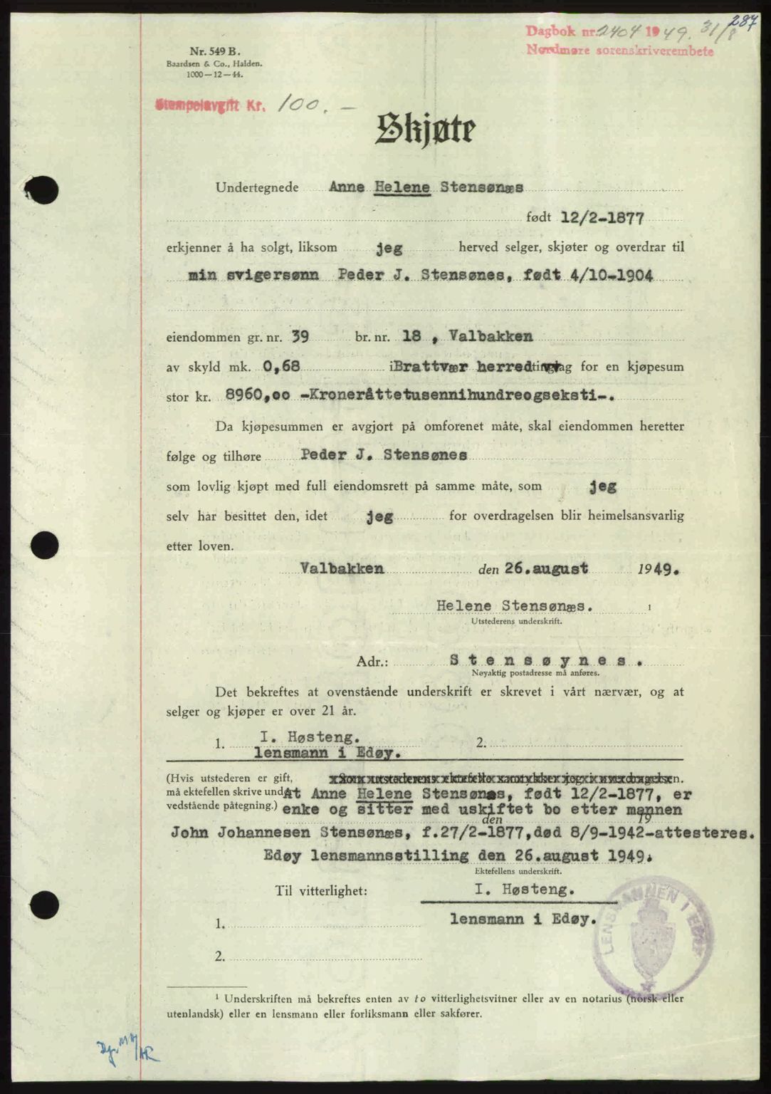 Nordmøre sorenskriveri, AV/SAT-A-4132/1/2/2Ca: Mortgage book no. A112, 1949-1949, Diary no: : 2404/1949