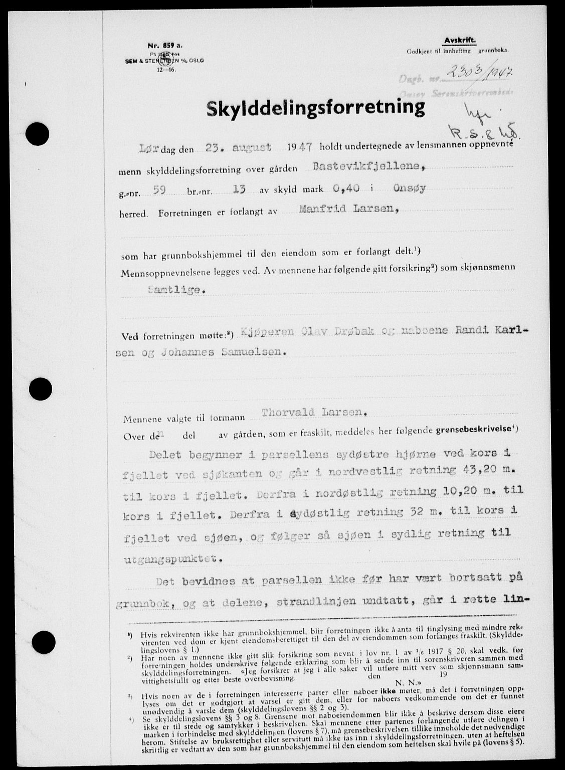 Onsøy sorenskriveri, SAO/A-10474/G/Ga/Gab/L0021: Mortgage book no. II A-21, 1947-1947, Diary no: : 2303/1947