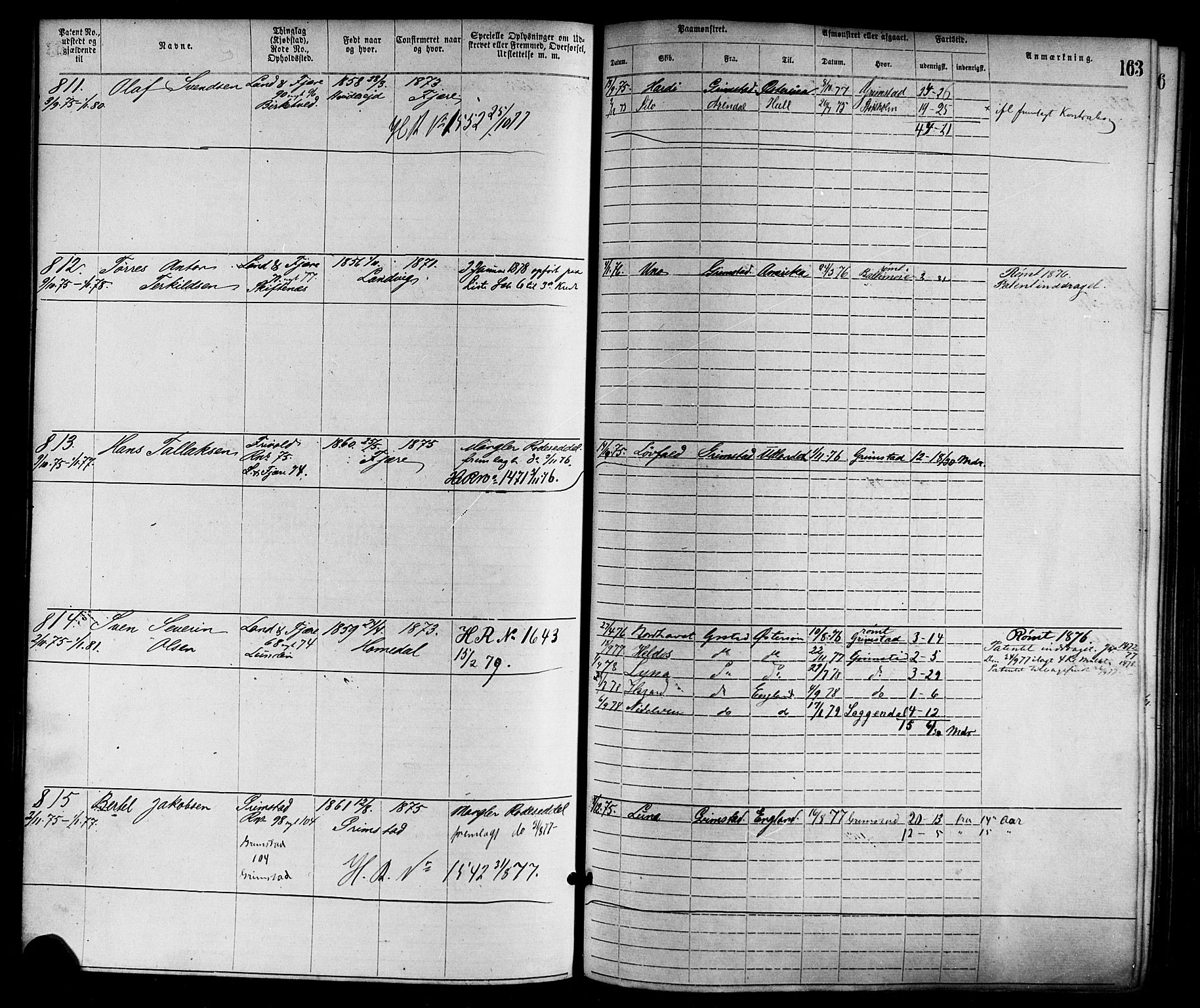 Grimstad mønstringskrets, SAK/2031-0013/F/Fa/L0001: Annotasjonsrulle nr 1-1920 med register, F-1, 1870-1892, p. 187