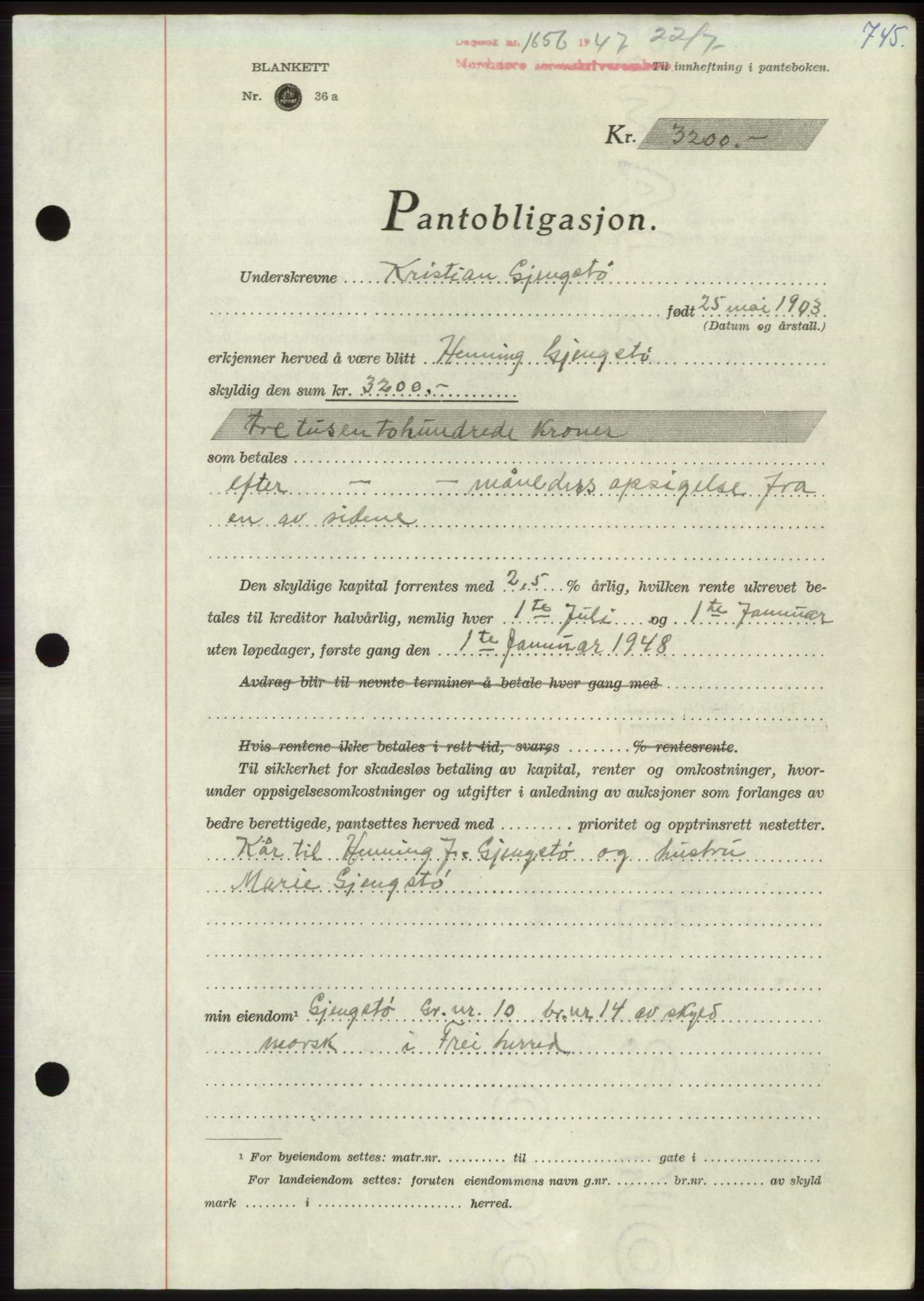 Nordmøre sorenskriveri, AV/SAT-A-4132/1/2/2Ca: Mortgage book no. B96, 1947-1947, Diary no: : 1656/1947