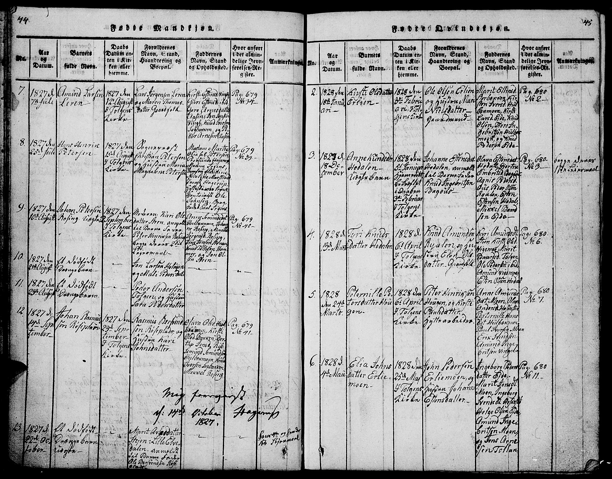 Tolga prestekontor, AV/SAH-PREST-062/L/L0001: Parish register (copy) no. 1, 1814-1877, p. 44-45