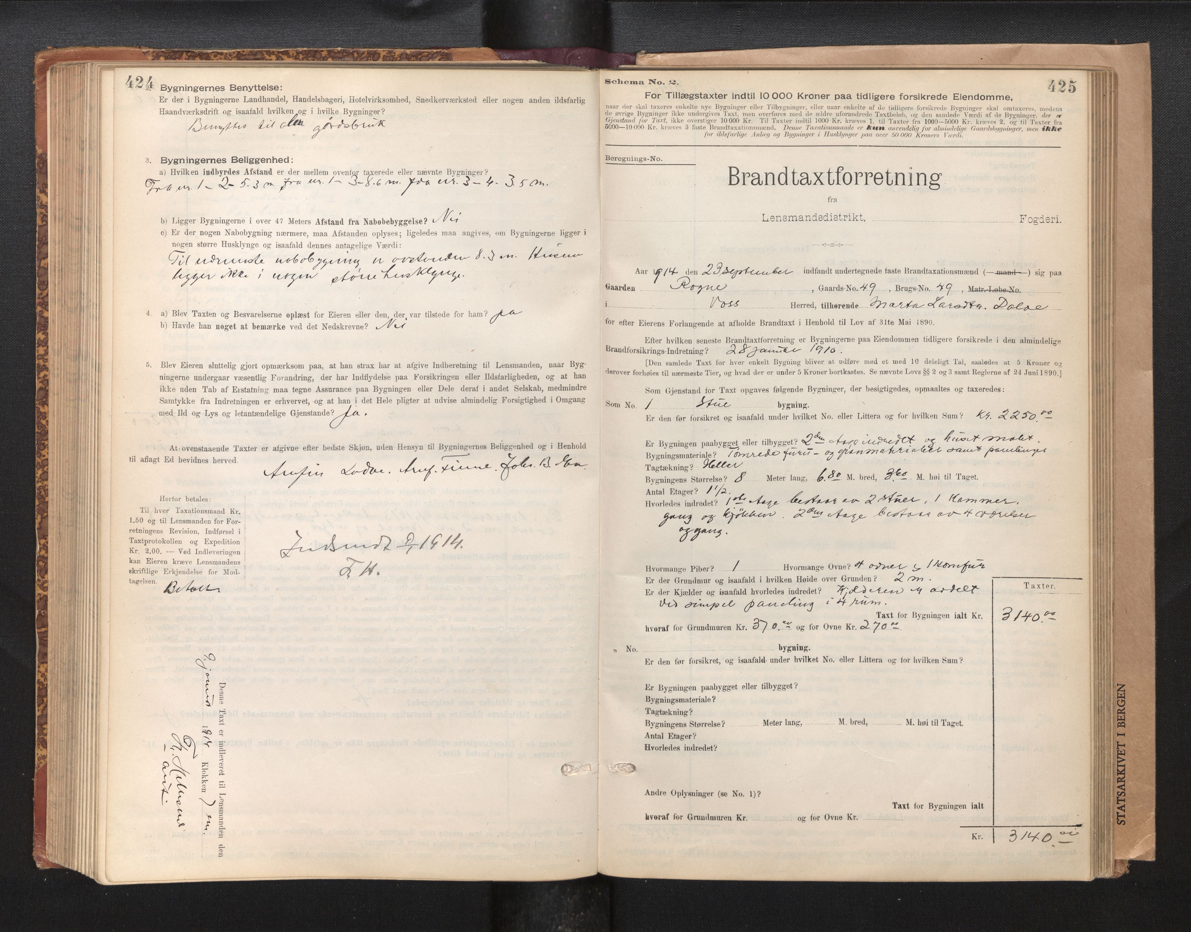 Lensmannen i Voss, SAB/A-35801/0012/L0008: Branntakstprotokoll, skjematakst, 1895-1945, p. 424-425