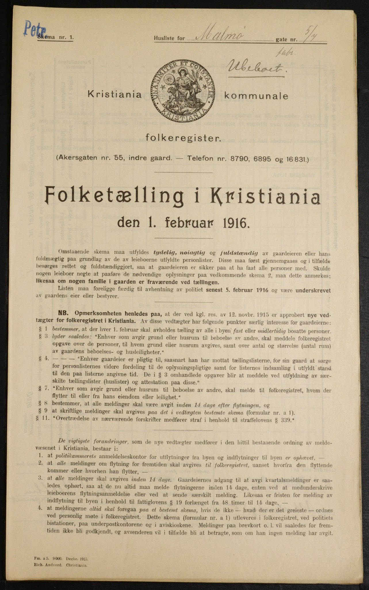 OBA, Municipal Census 1916 for Kristiania, 1916, p. 61399