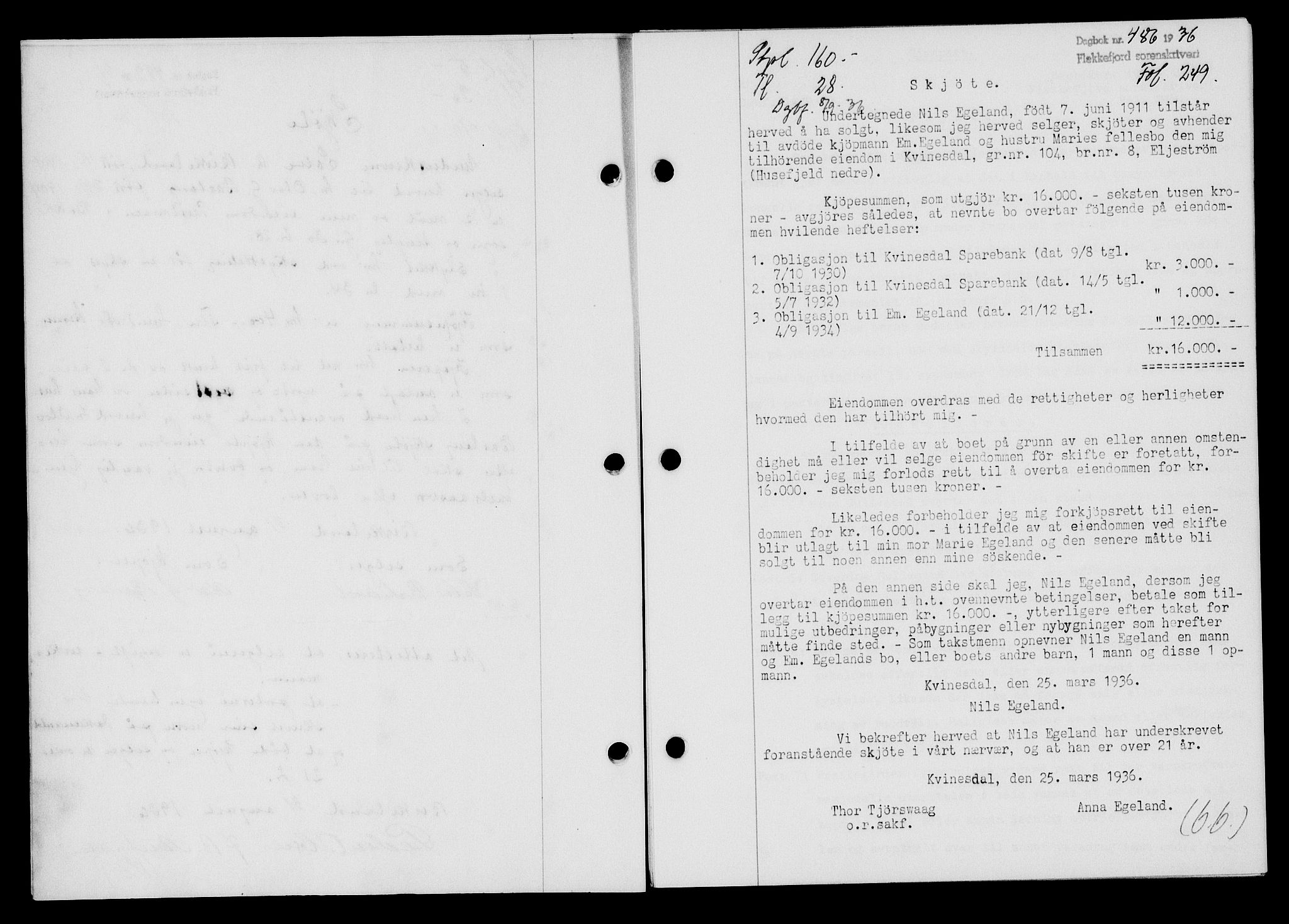 Flekkefjord sorenskriveri, SAK/1221-0001/G/Gb/Gba/L0053: Mortgage book no. A-1, 1936-1937, Diary no: : 486/1936