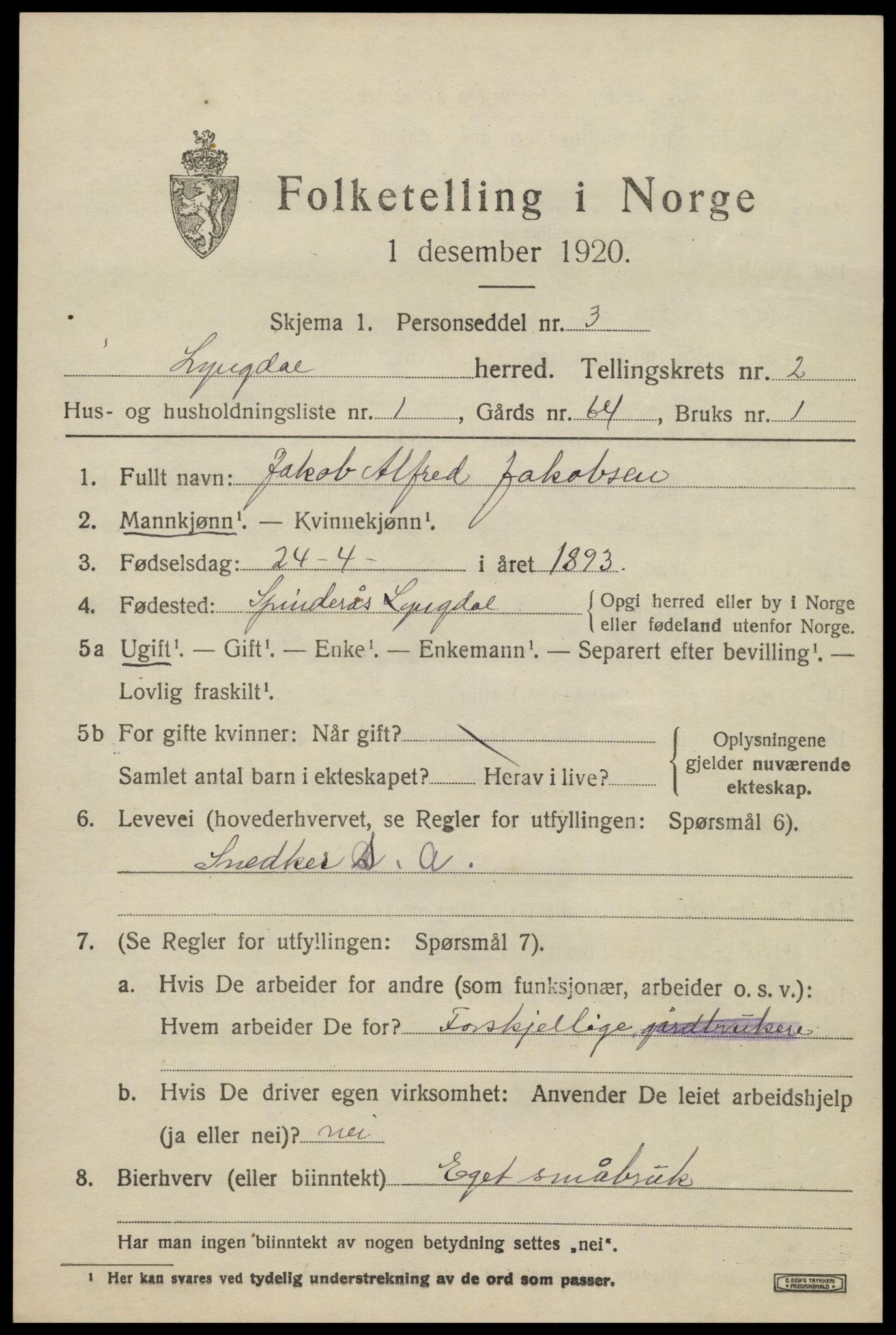 SAK, 1920 census for Lyngdal, 1920, p. 1585