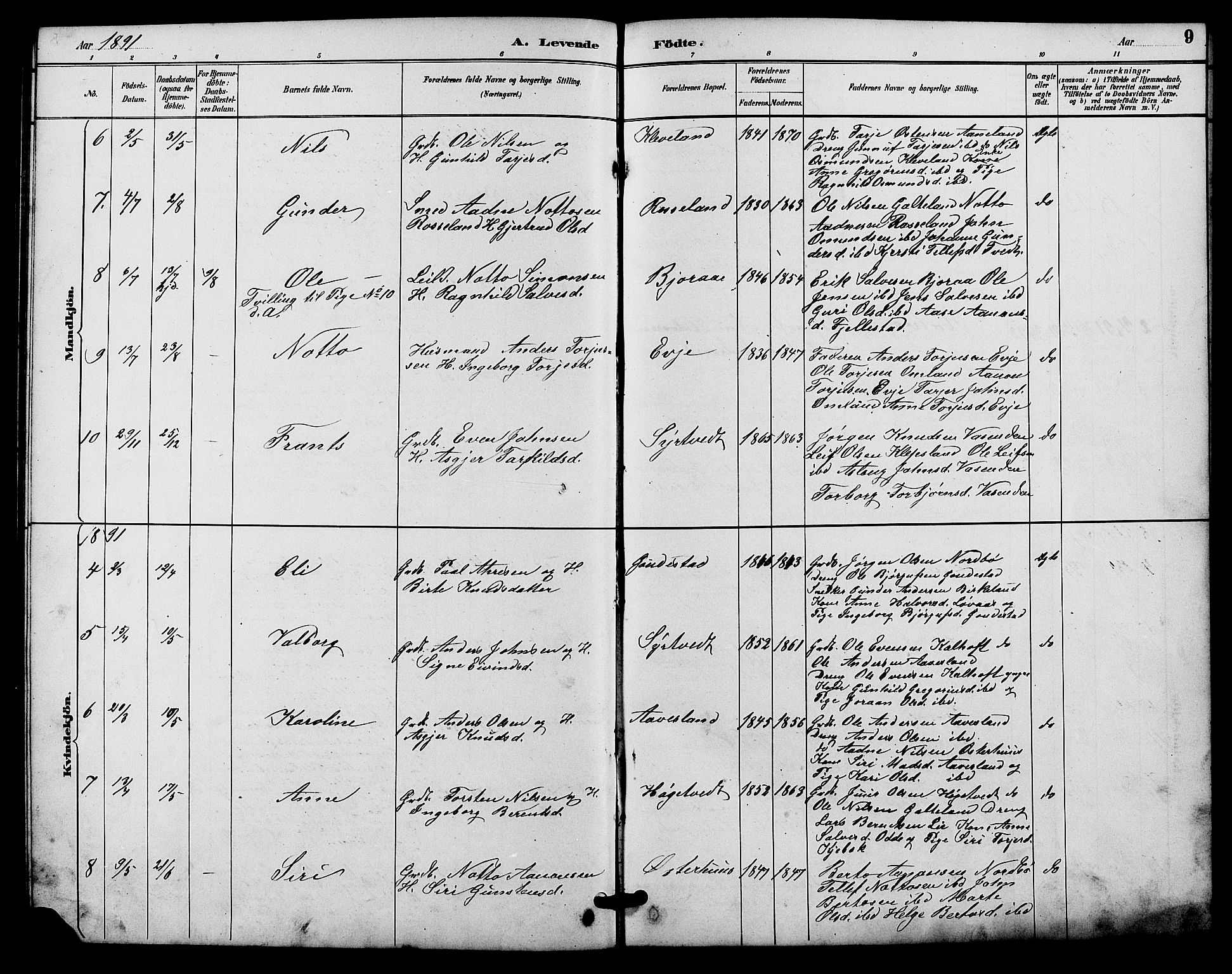 Evje sokneprestkontor, AV/SAK-1111-0008/F/Fb/Fba/L0003: Parish register (copy) no. B 3, 1888-1903, p. 9