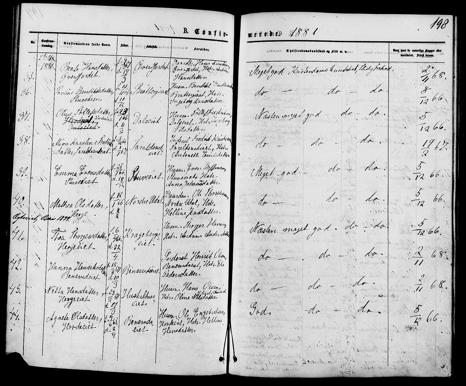 Biri prestekontor, SAH/PREST-096/H/Ha/Haa/L0006: Parish register (official) no. 6, 1877-1886, p. 198