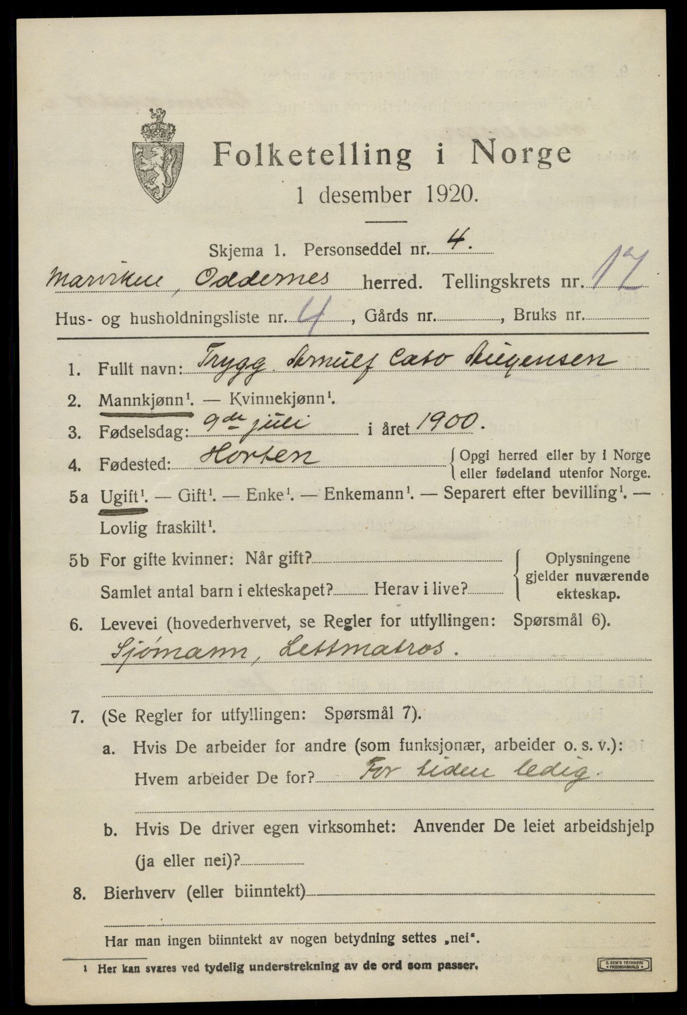 SAK, 1920 census for Oddernes, 1920, p. 12555