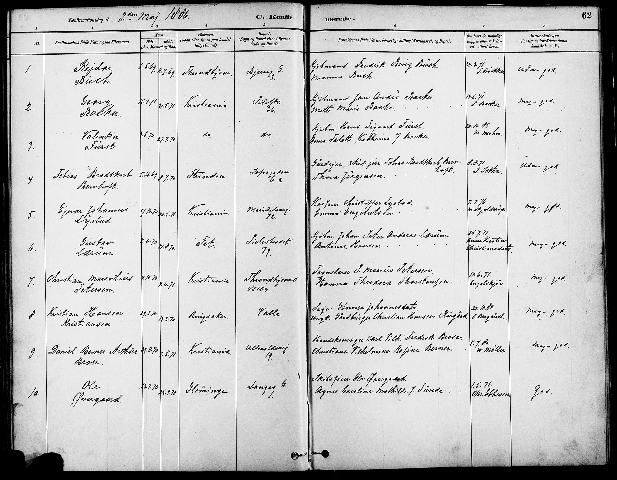 Gamle Aker prestekontor Kirkebøker, SAO/A-10617a/F/L0007: Parish register (official) no. 7, 1882-1890, p. 62